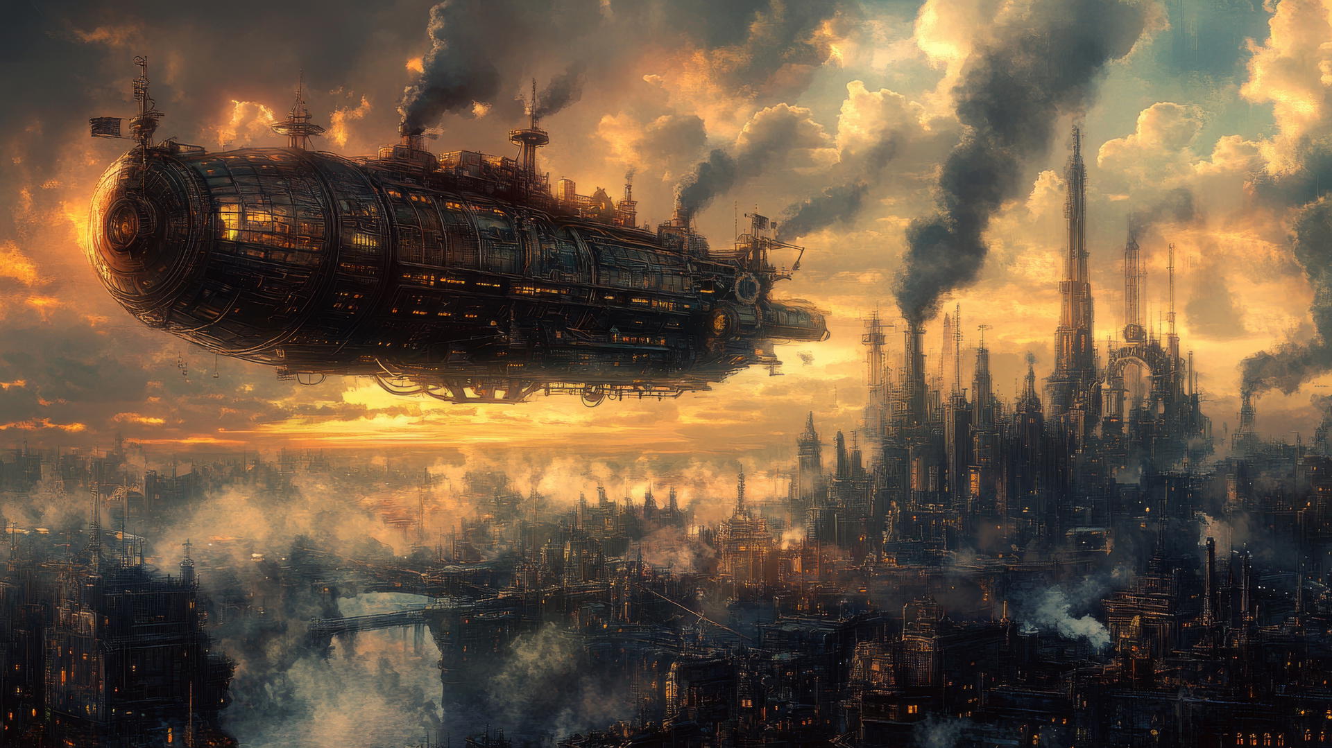a detailed steampunk airship flying over an industrial city with gears and steam clouds, cool wallpapers for boys