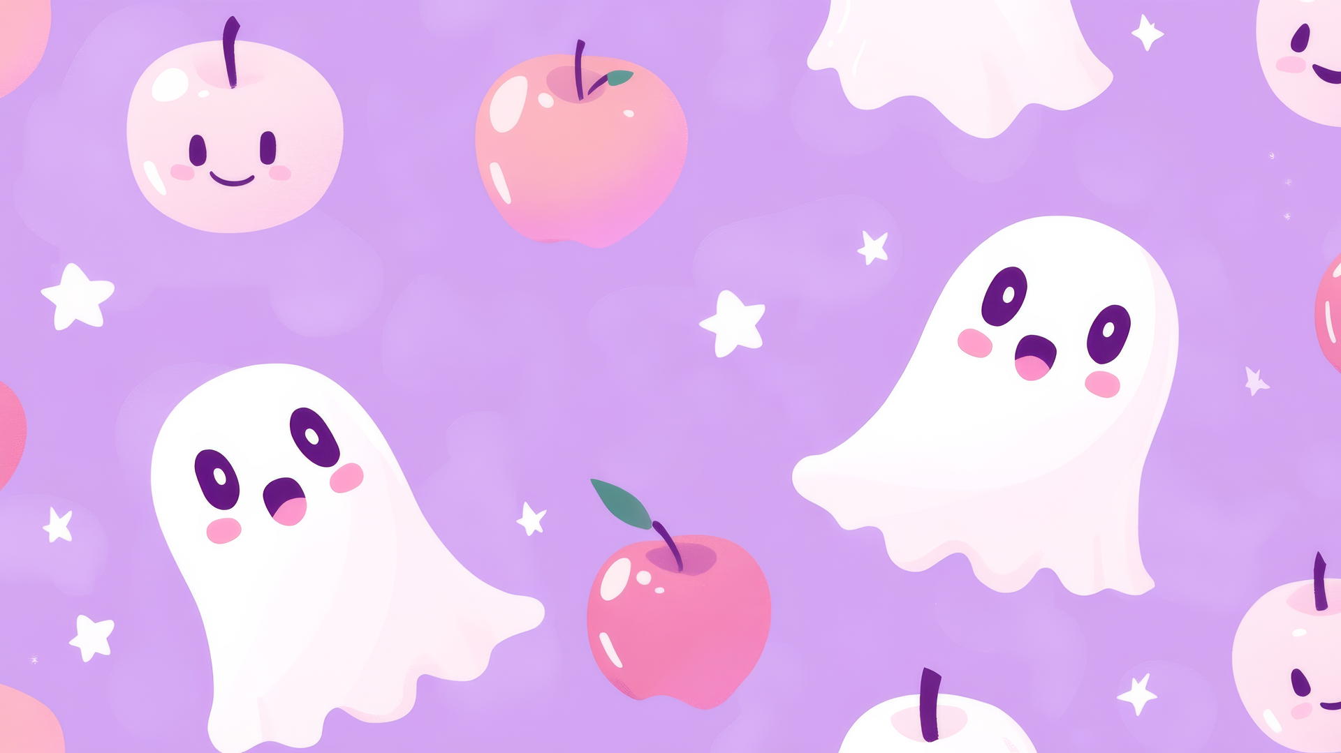 Whimsical ghosts, candy apples, and stars on lilac