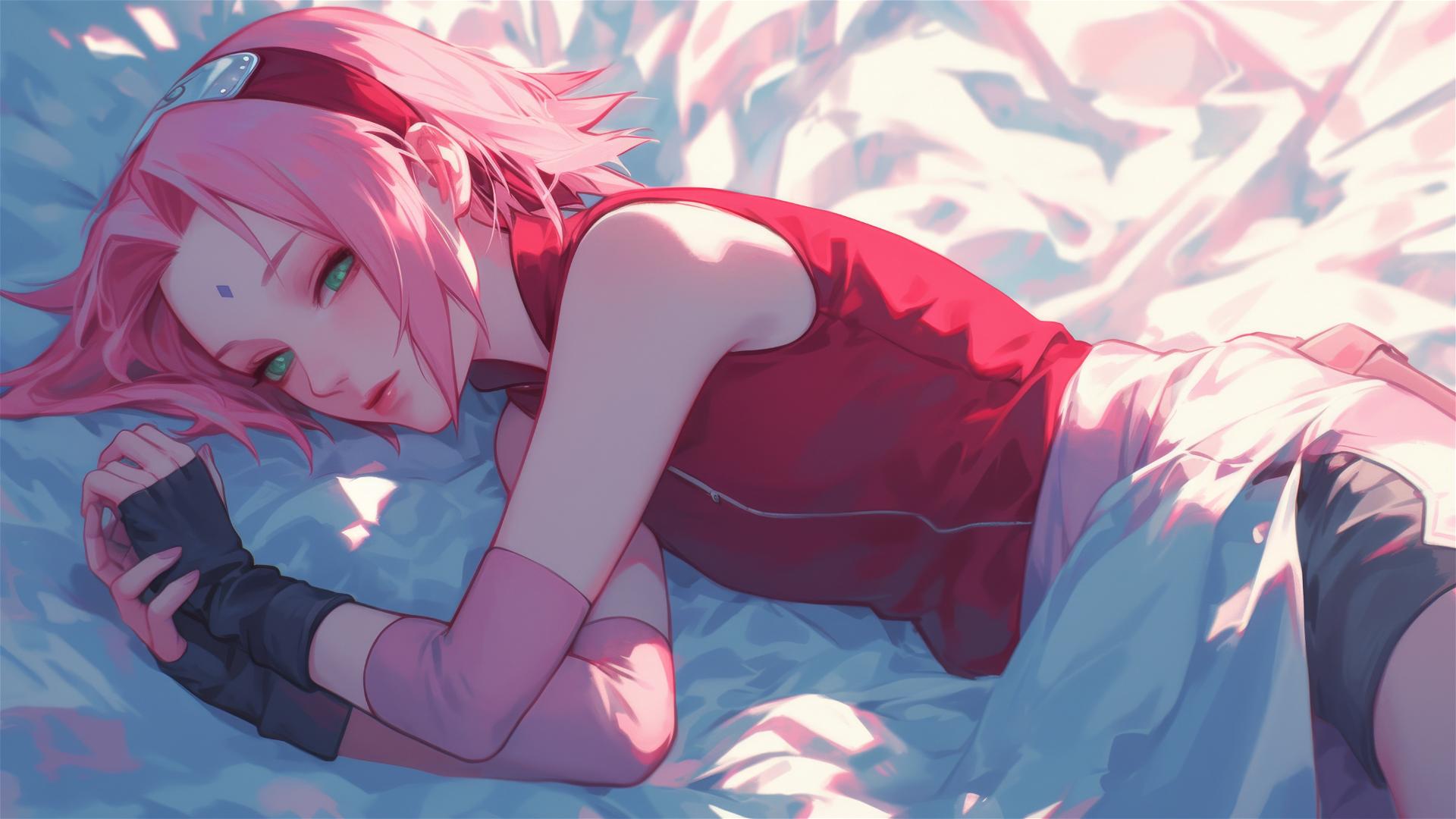 Sakura Haruno from Naruto in bed with swirling air, in hyper-realistic anime style.