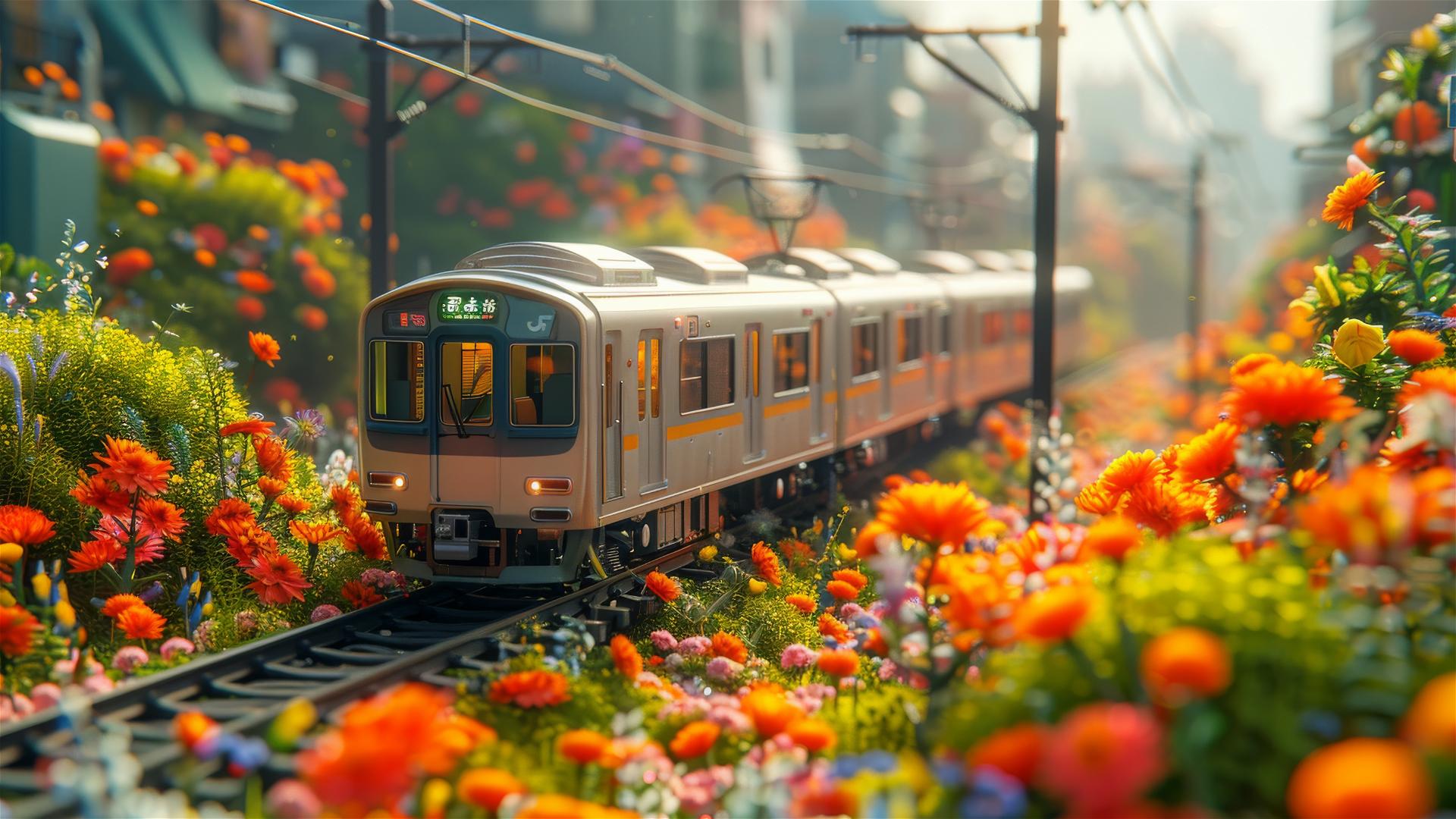 Cartoon metro in a Miyazaki-style coastal landscape with flowers.
