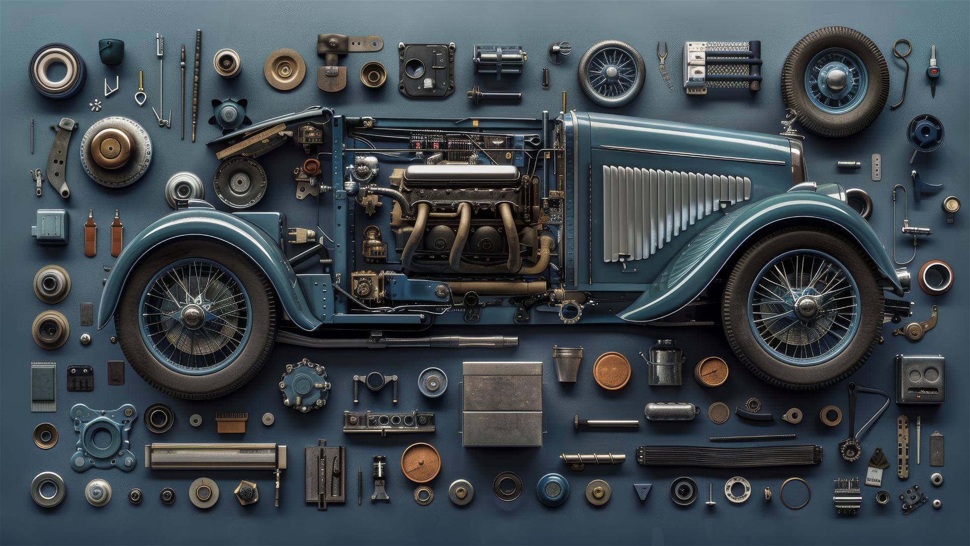 Hyperrealistic knolling of Horch car parts under studio lighting.