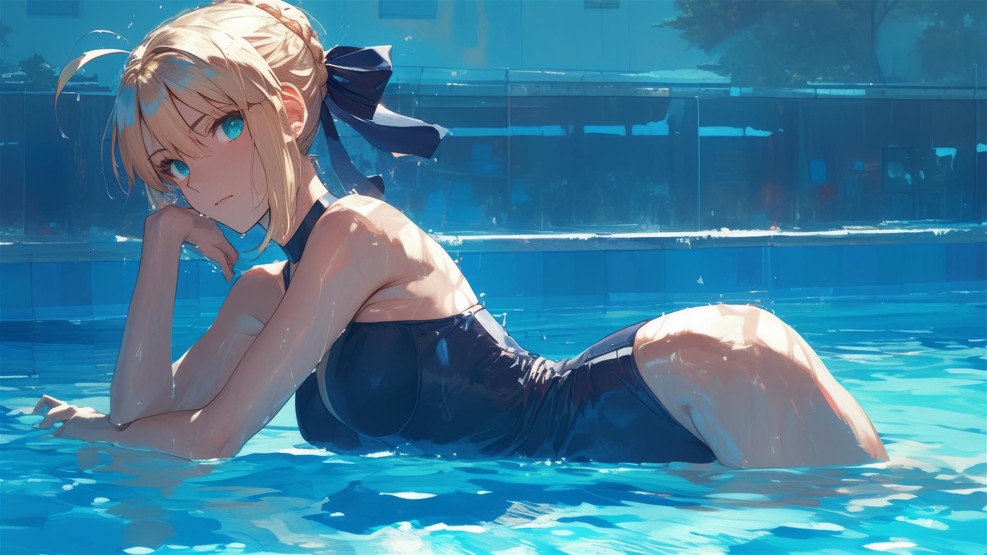 Saber from Fate/Zero swimming under moonlight