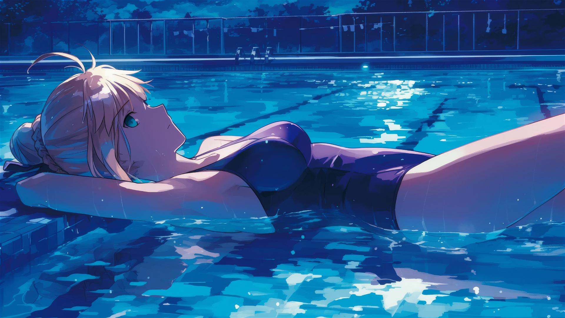 Saber from Fate/Zero swimming in a pool under moonlight
