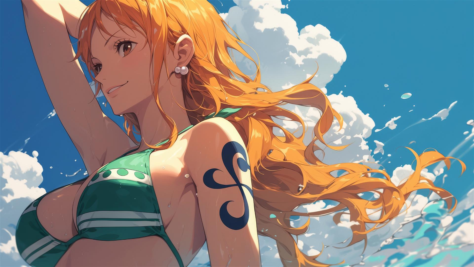 Nami from One Piece by the pool under moonlight
