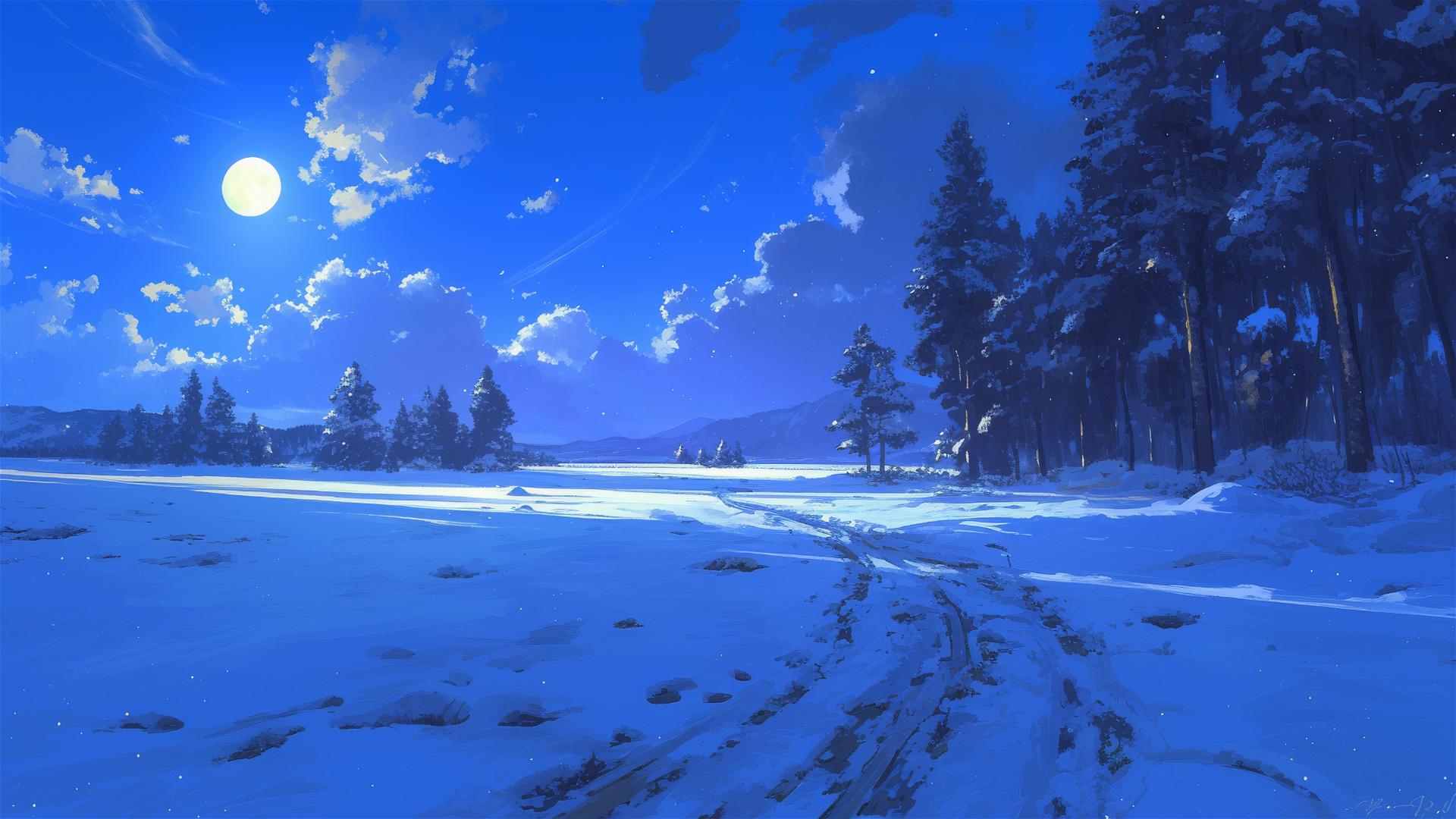 Moonlit snowfield with crisscrossing animal tracks