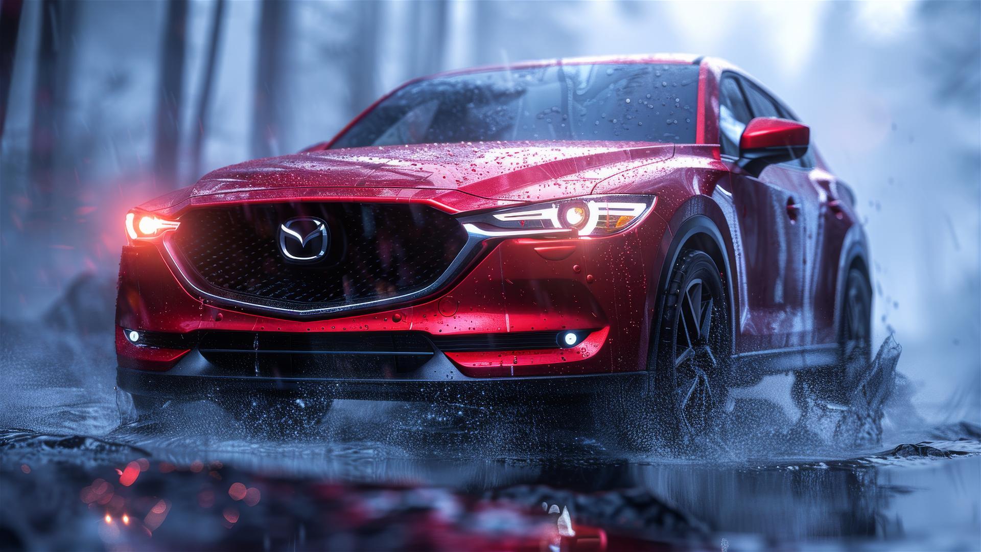 Close-up of Mazda CX-5 in dim, gothic gloomy light with fog
