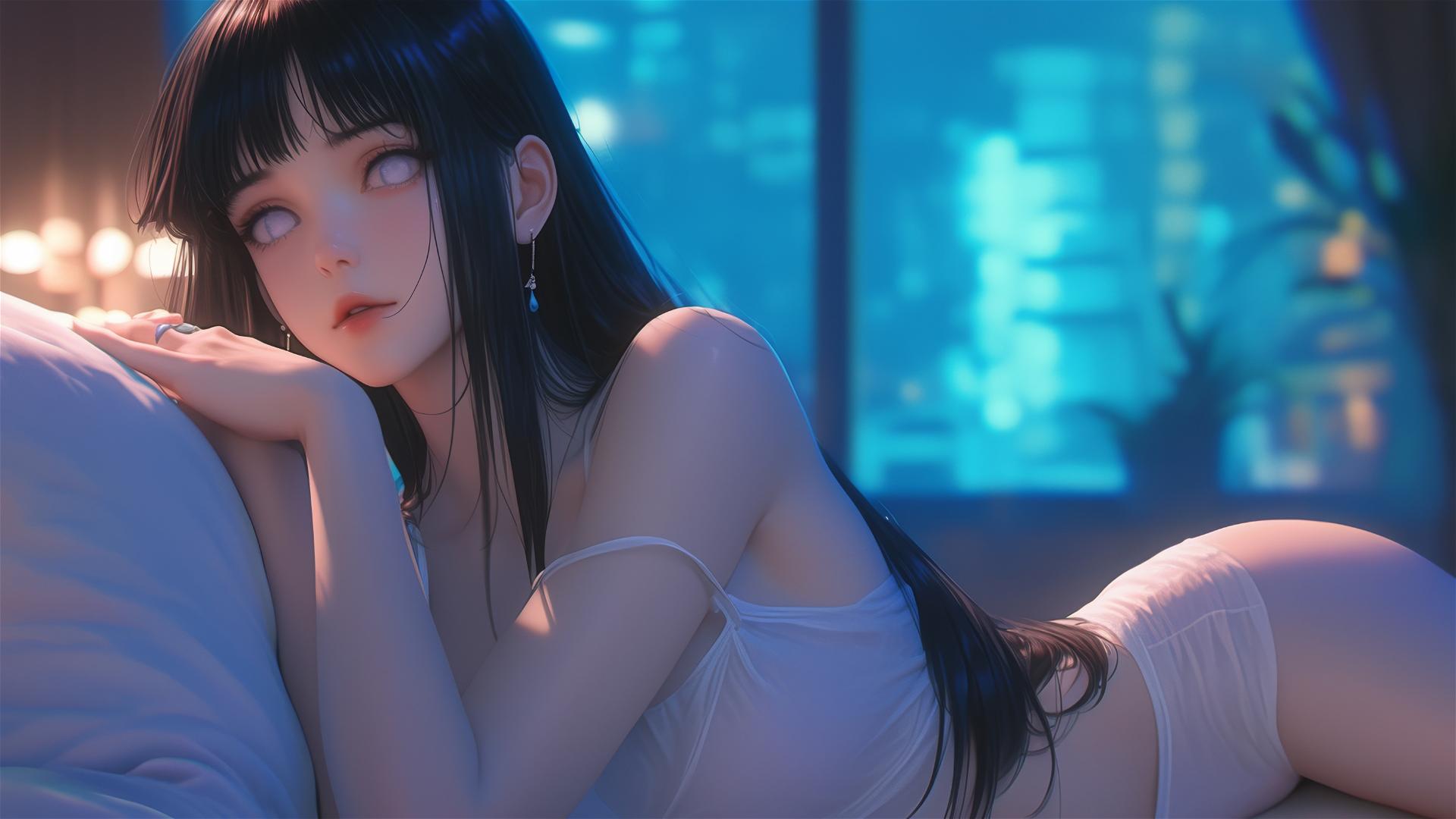 Hinata Hyuga resting at a modern hotel with warm light casting a soft glow.