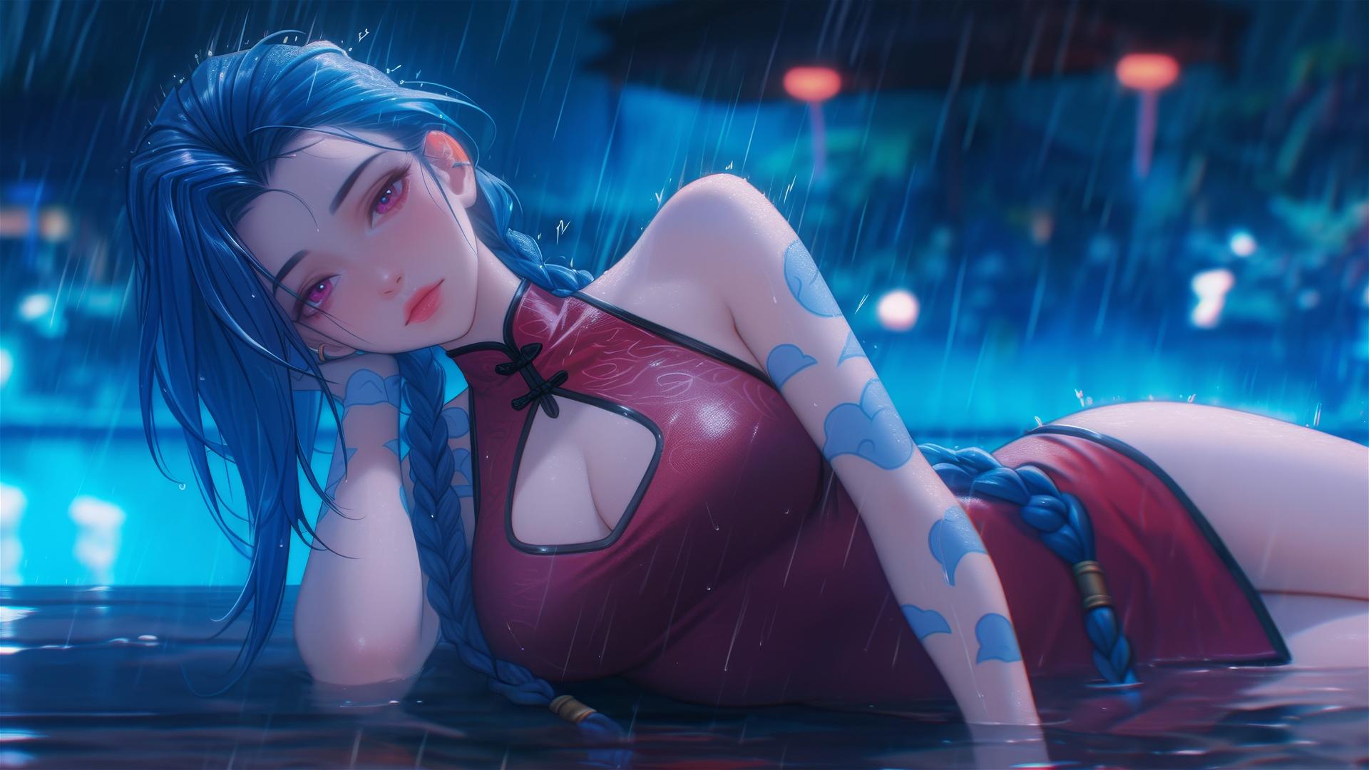 Jinx from League of Legends resting at a rainy swimming pool