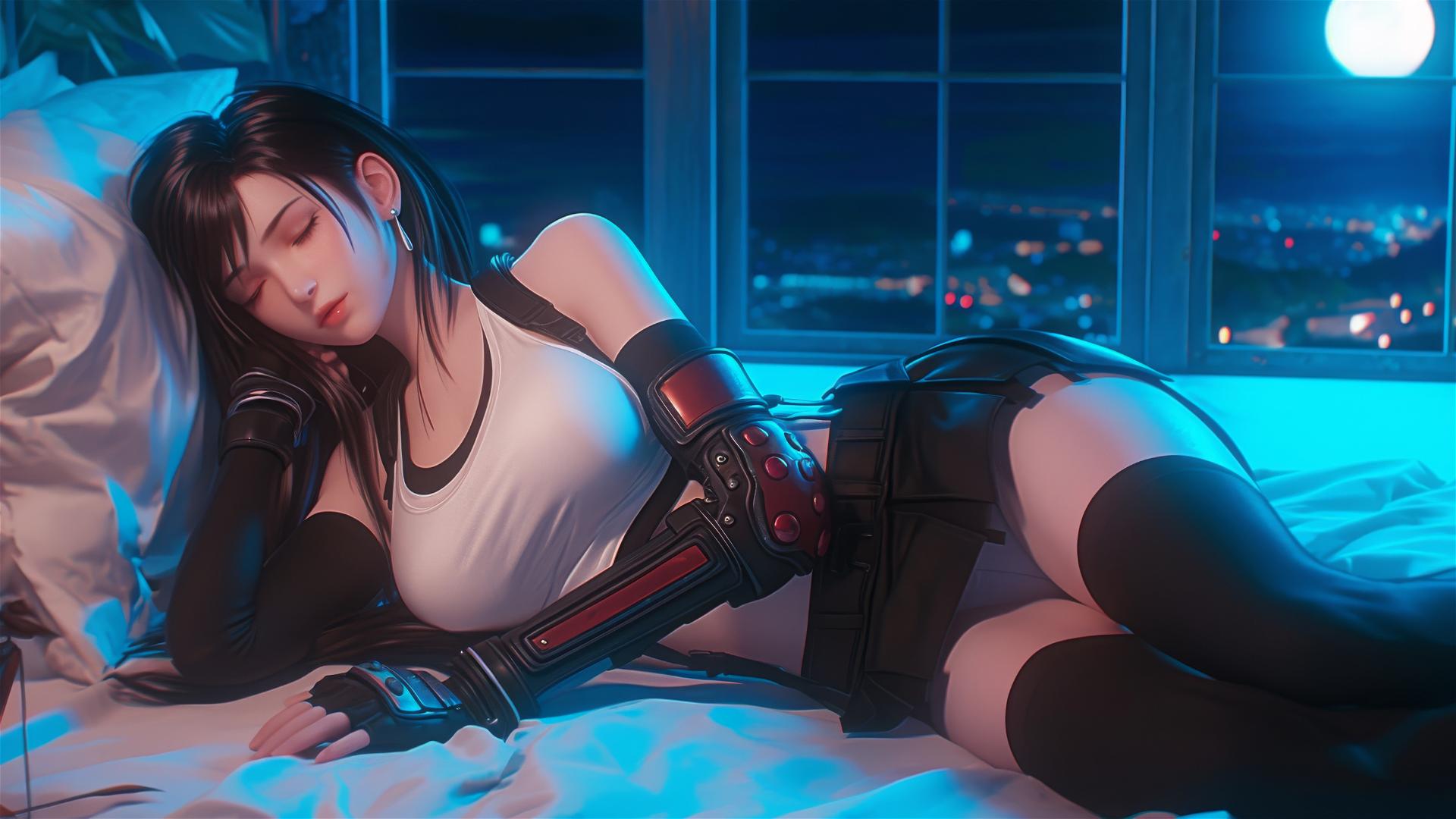 Tifa Lockhart resting in her room under moonlight