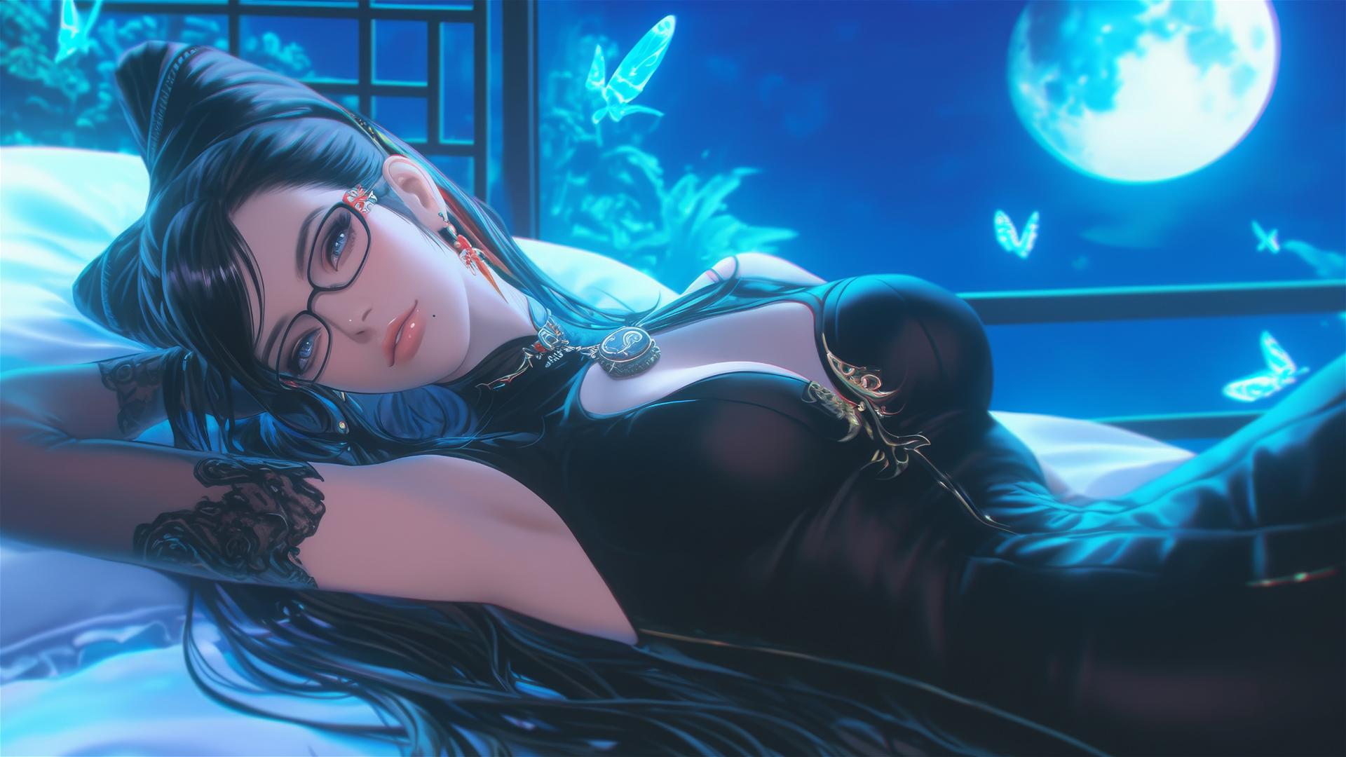 Bayonetta resting in a modern hotel room with soft moonlight