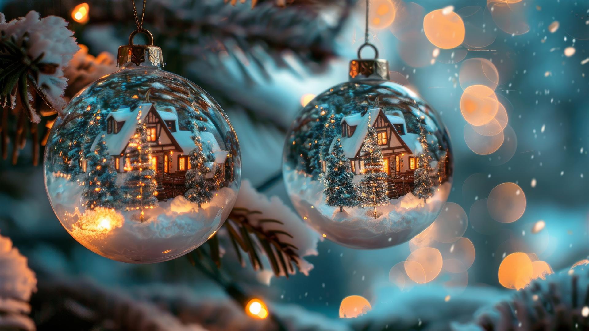 Snowy village inside glass Christmas ornaments on a tree