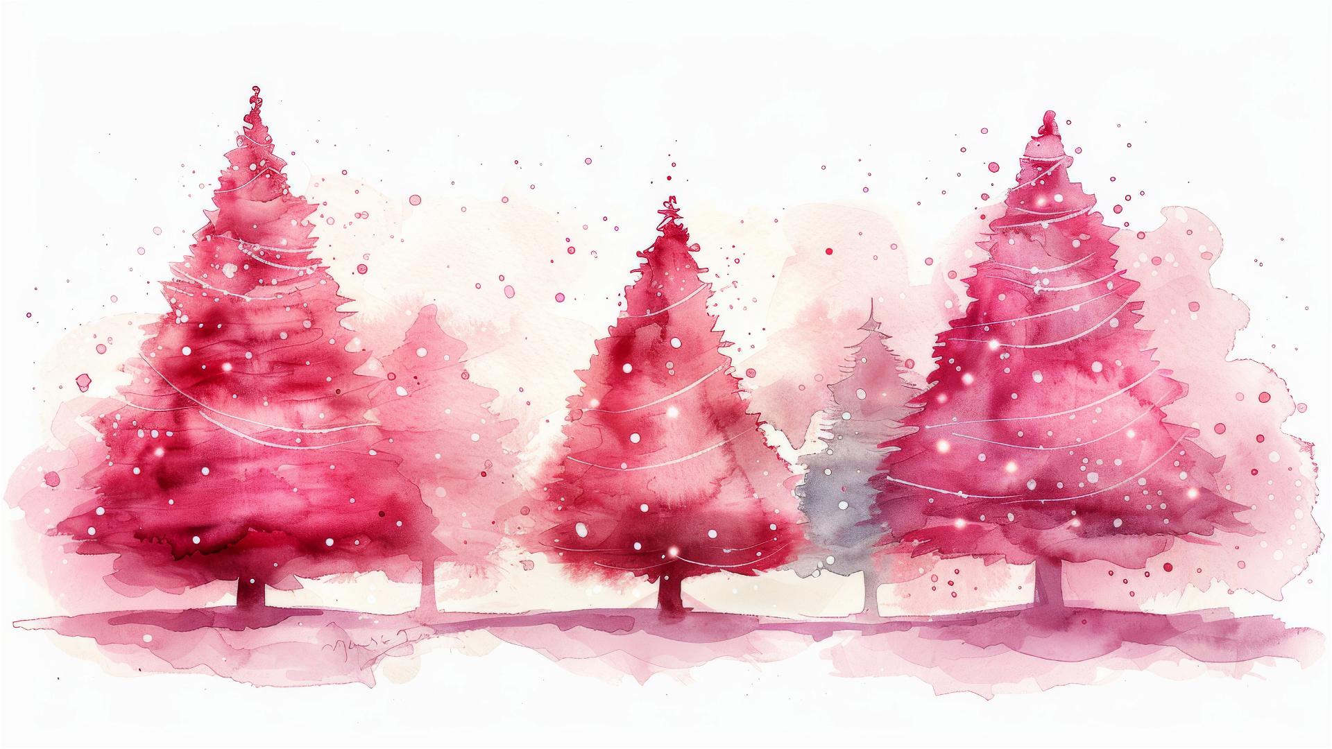 Four pink Christmas trees with decorations isolated on white