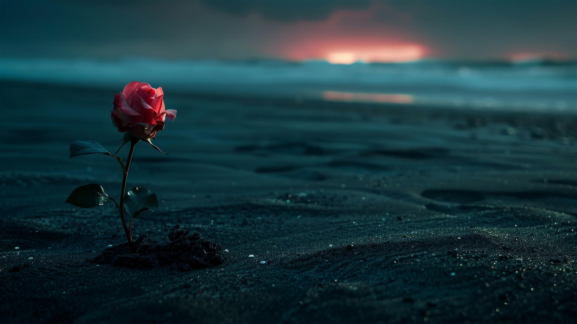 Rose flower planted on a black beach at night, perspective view