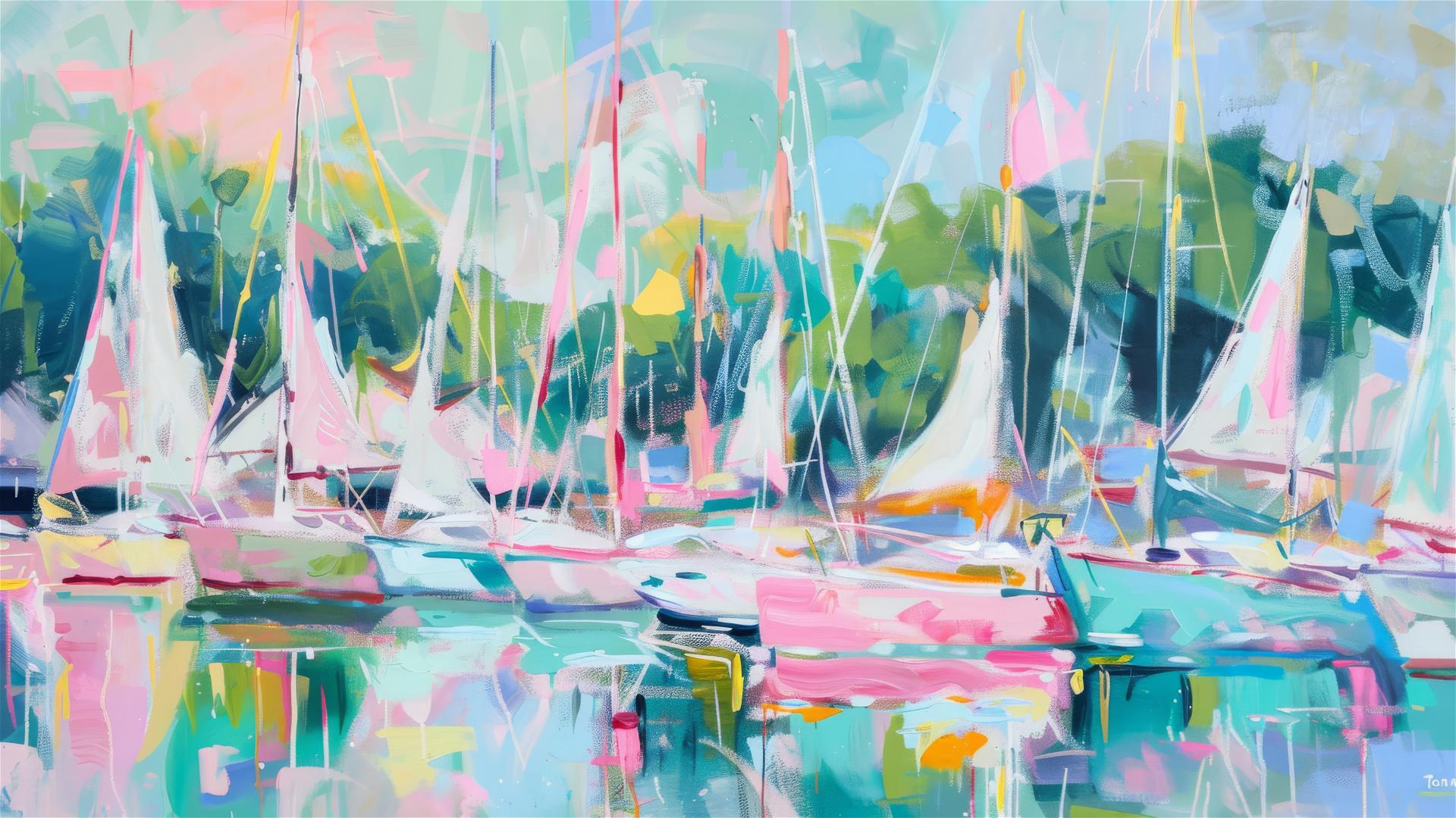 Pastel sailboats at a marina with a soft pink atmosphere, by Wona Lifsches