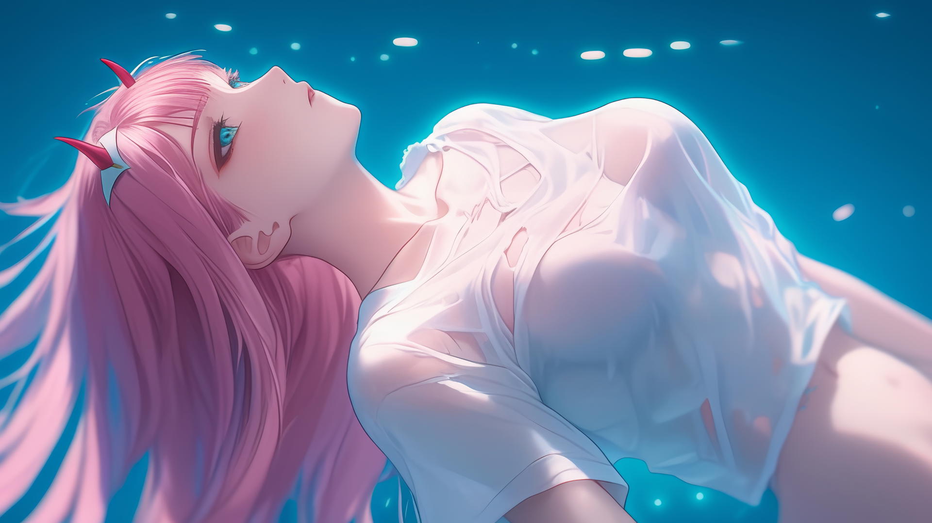 Zero Two from DARLING in the FRANXX with long pink hair kneeling and leaning toward viewer, warm neon light, hotel ceiling background.