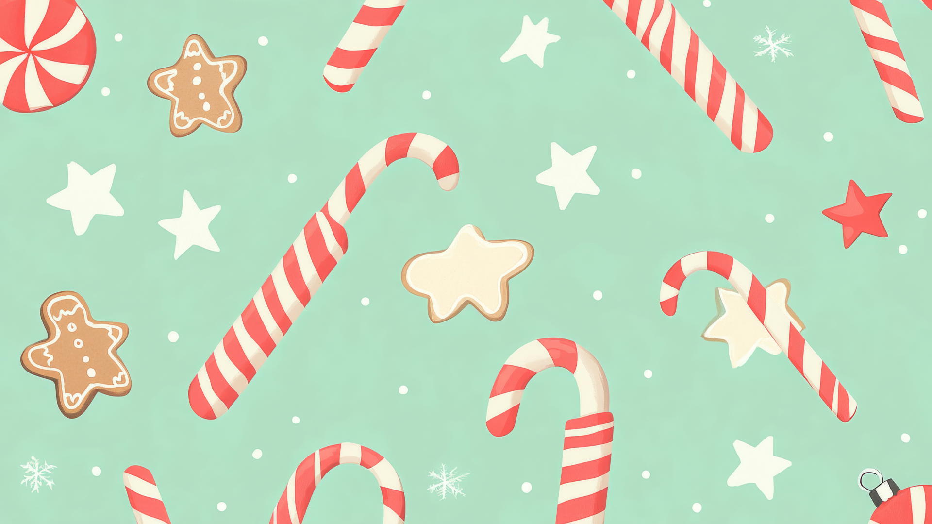 cute Christmas wallpaper preppy with candy canes, gingerbread cookies, and stars on pastel green