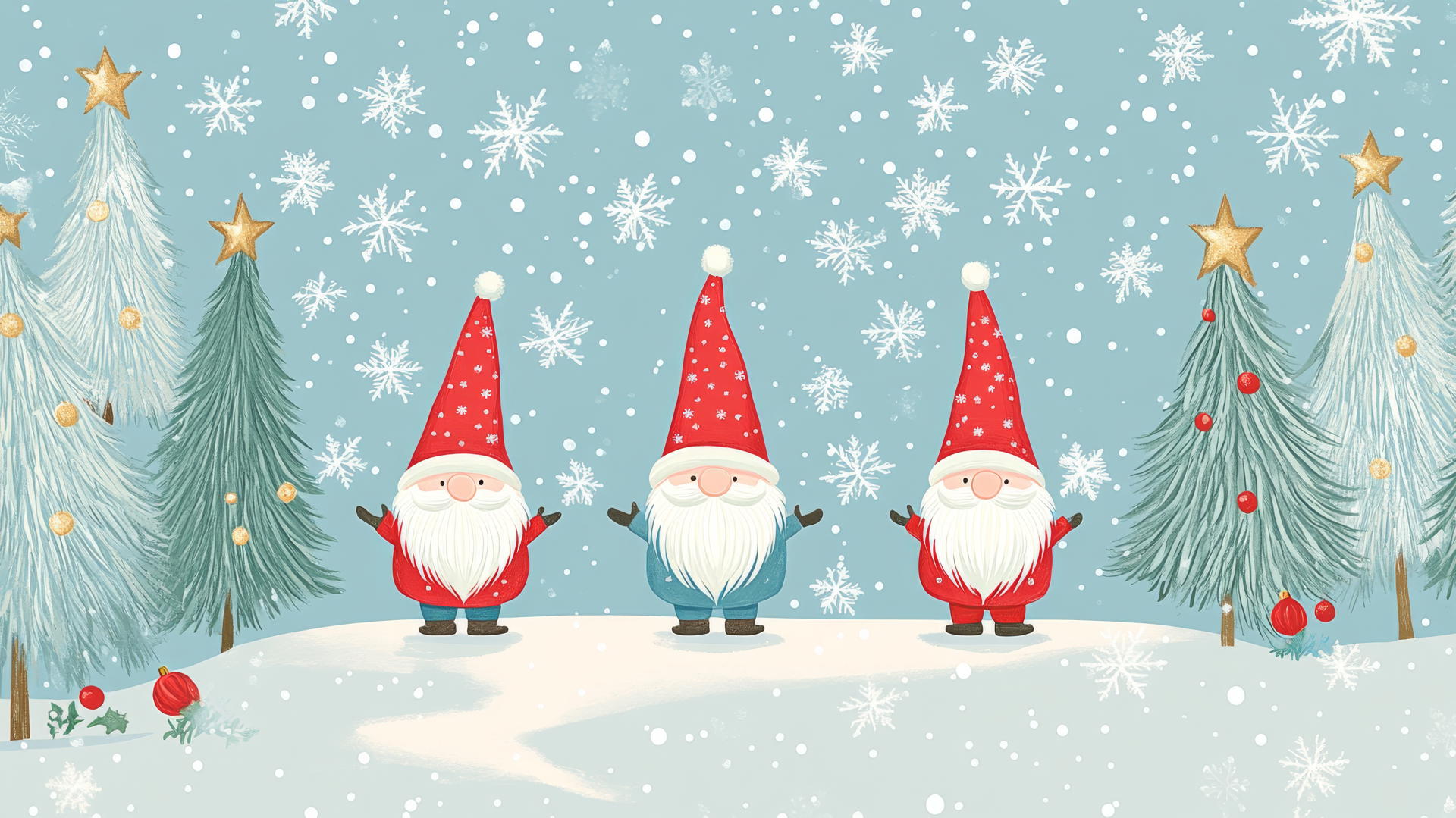 cute Christmas wallpaper preppy with Christmas gnomes, snow-covered trees, and stars.
