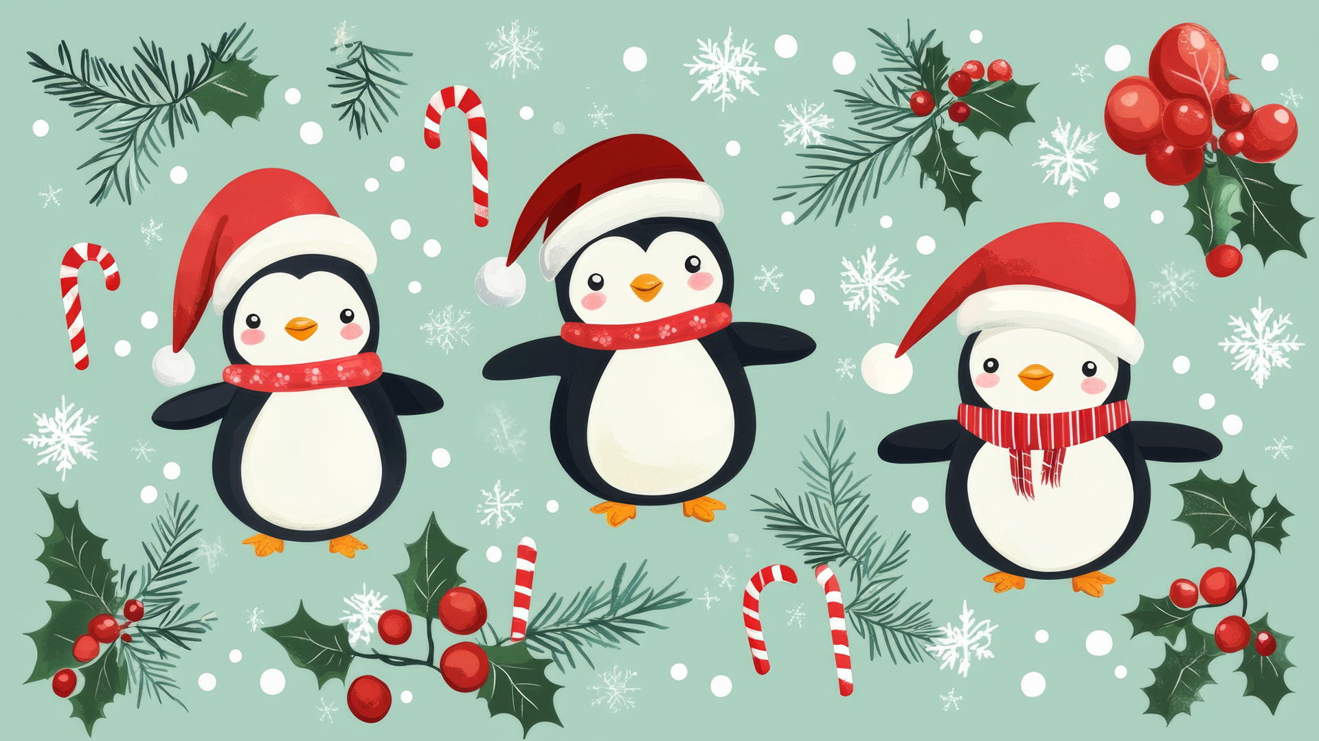 cute Christmas wallpaper preppy with penguins wearing Santa hats, holly leaves, and candy canes