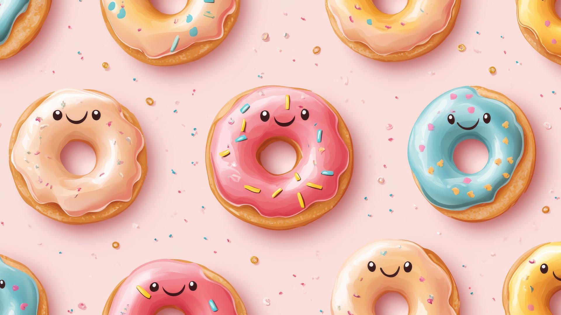 Preppy wallpaper with seamless pattern of smiley face donuts on light pink background.