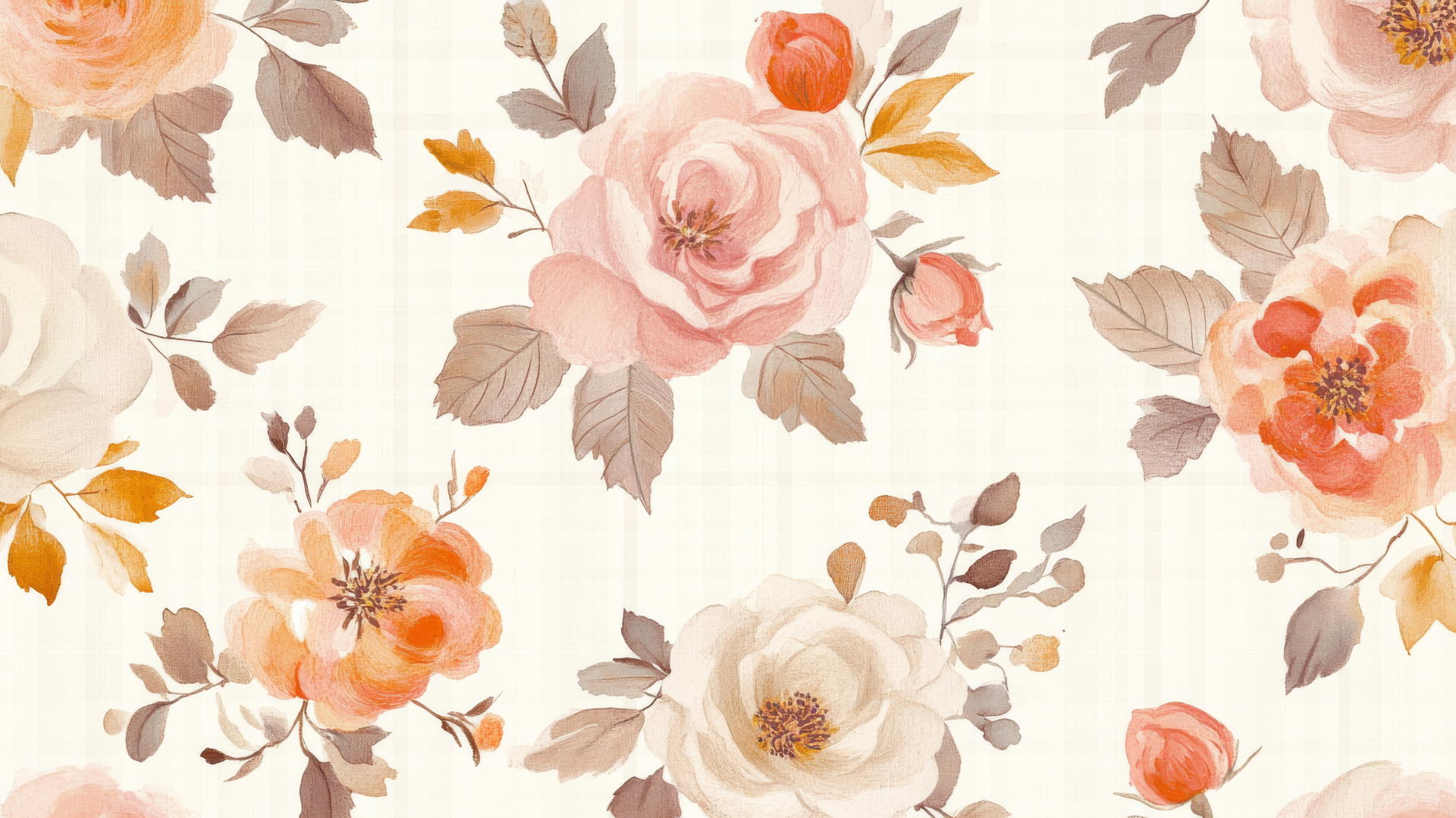 preppy autumn wallpaper with hand-drawn fall flowers and leaves in pastel colors