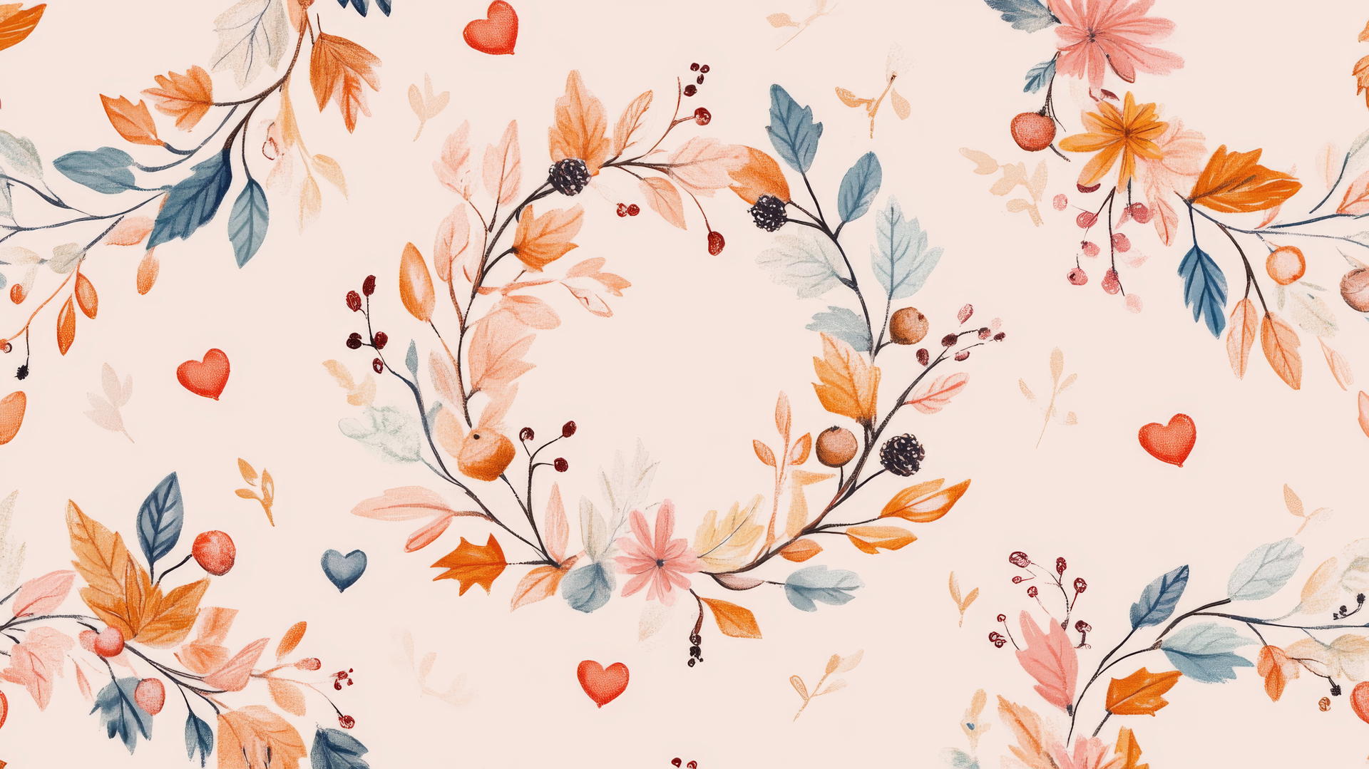 preppy autumn wallpaper with pastel-colored wreaths, leaves, berries, flowers, hearts, and acorns on light pink background