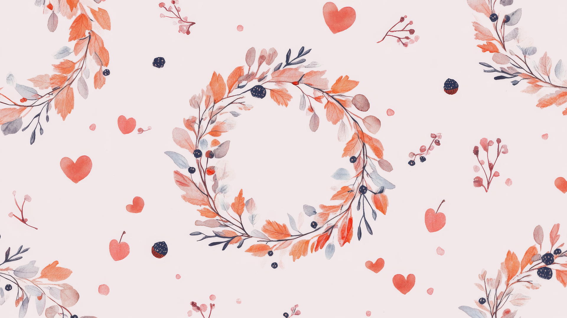 preppy autumn wallpaper with pastel-colored wreaths, leaves, berries, flowers, hearts, and acorns on light pink background