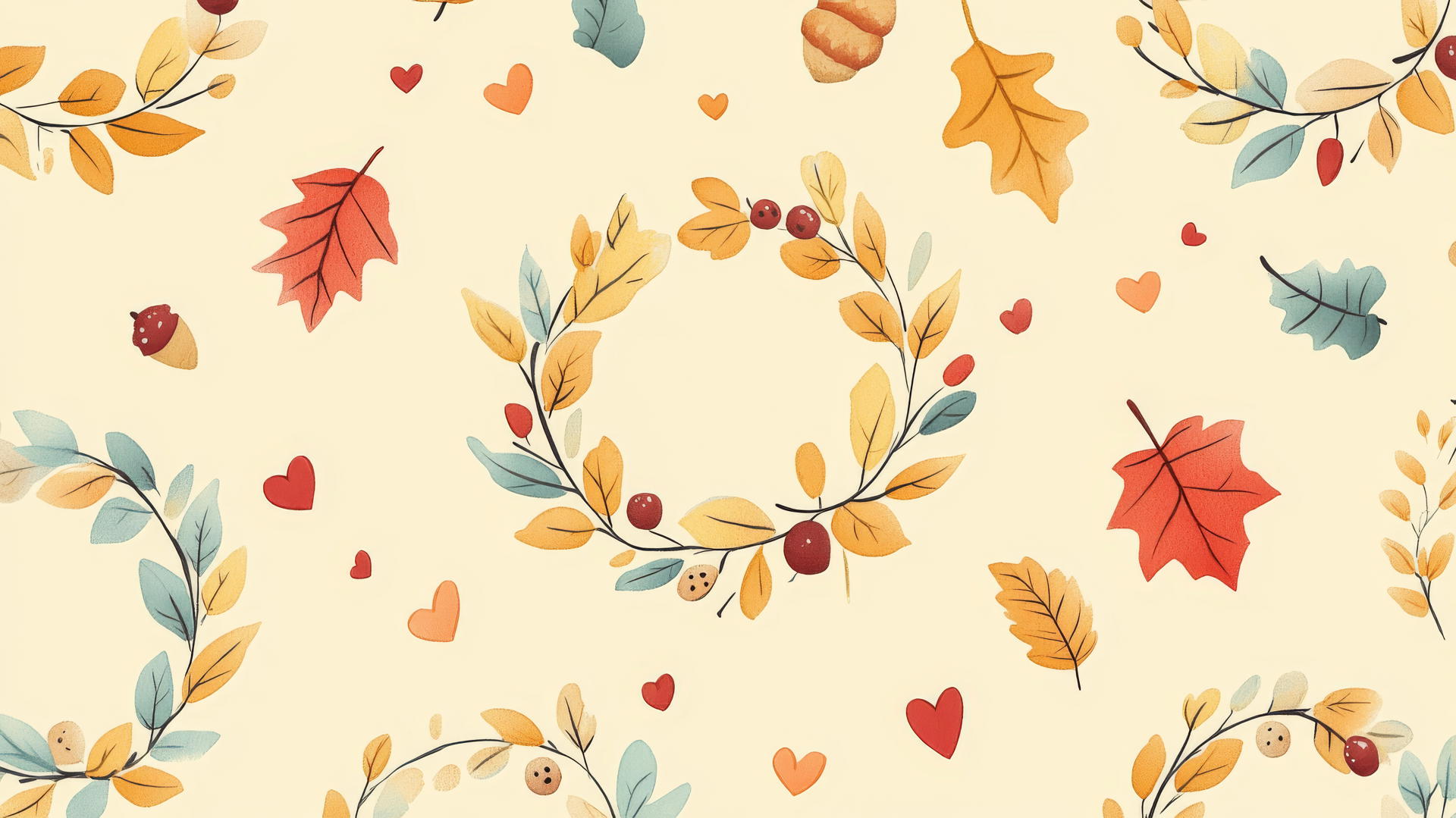 Preppy fall wallpaper with hand-drawn wreaths, hearts, and acorns