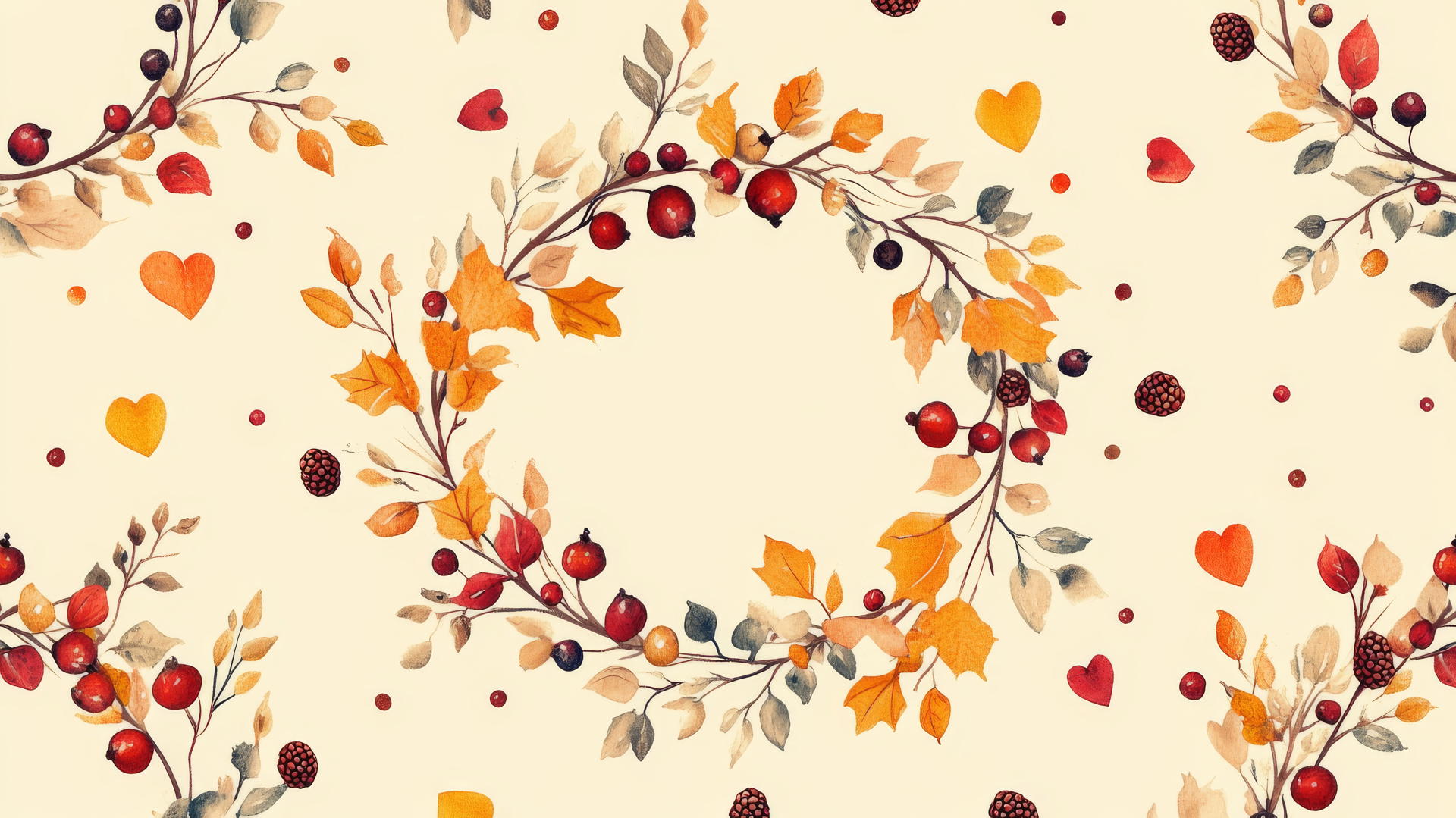 Preppy fall wallpaper with hand-drawn wreaths of leaves, berries, and twigs on pastel yellow