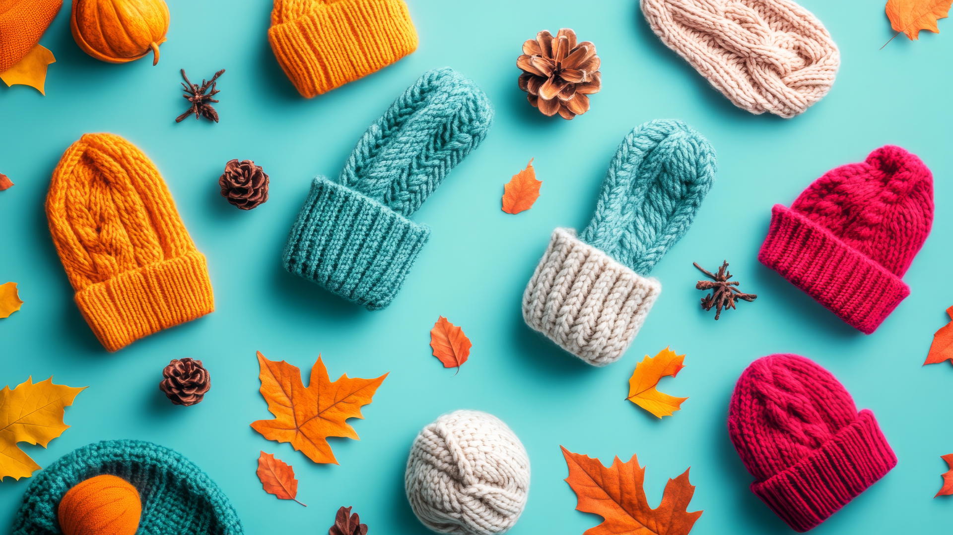Preppy fall wallpaper with cozy knits on teal