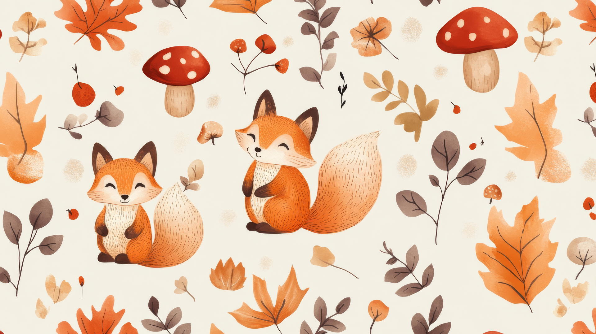 preppy fall wallpaper with cute foxes, squirrels, leaves, and mushrooms