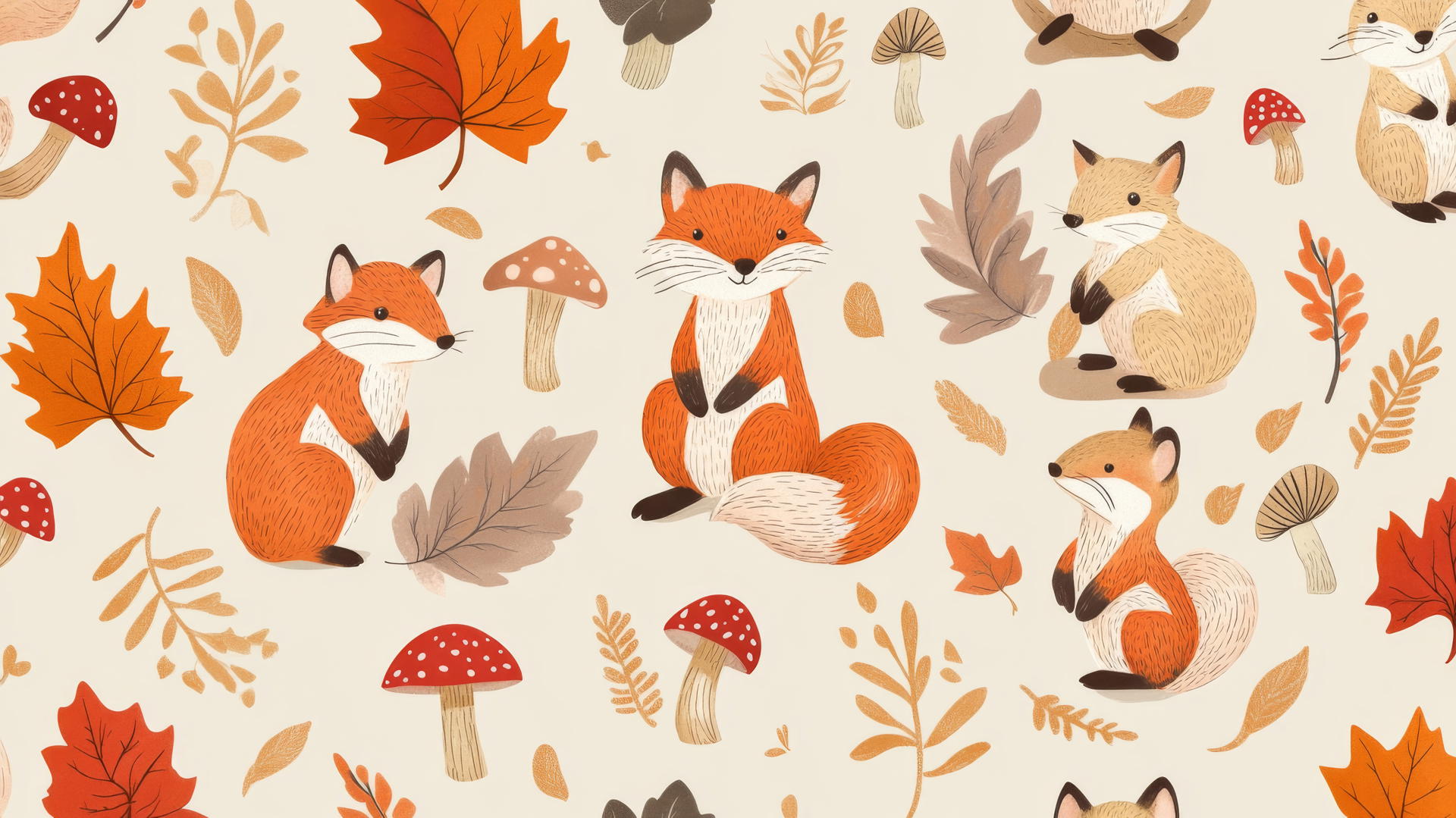 preppy fall wallpaper with cute foxes, squirrels, fall leaves, and mushrooms on pastel beige background