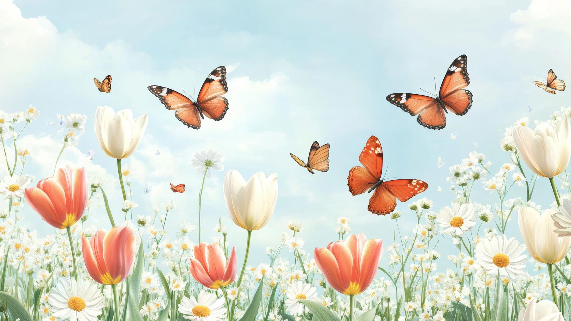 preppy spring wallpaper with butterflies over daisies and tulips