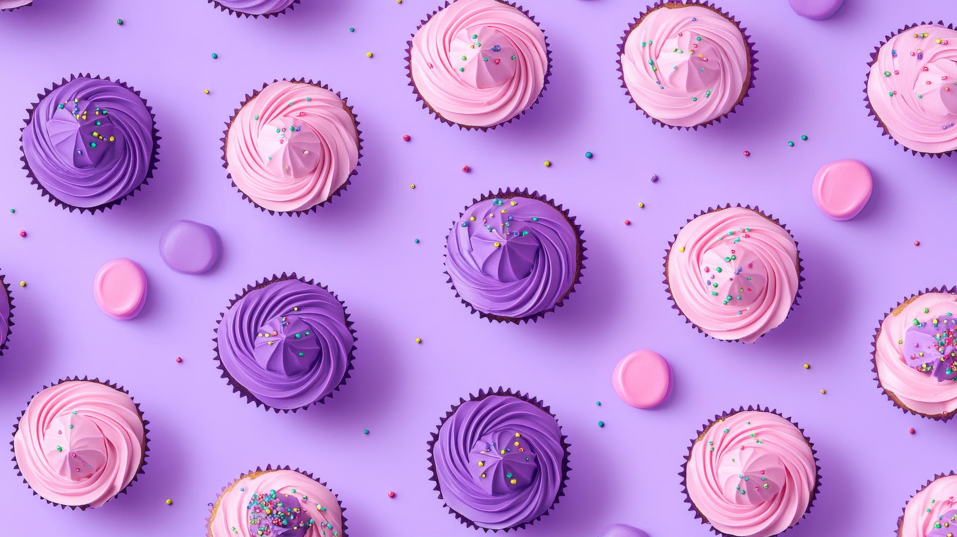 preppy purple wallpaper with playful purple and pink cupcakes