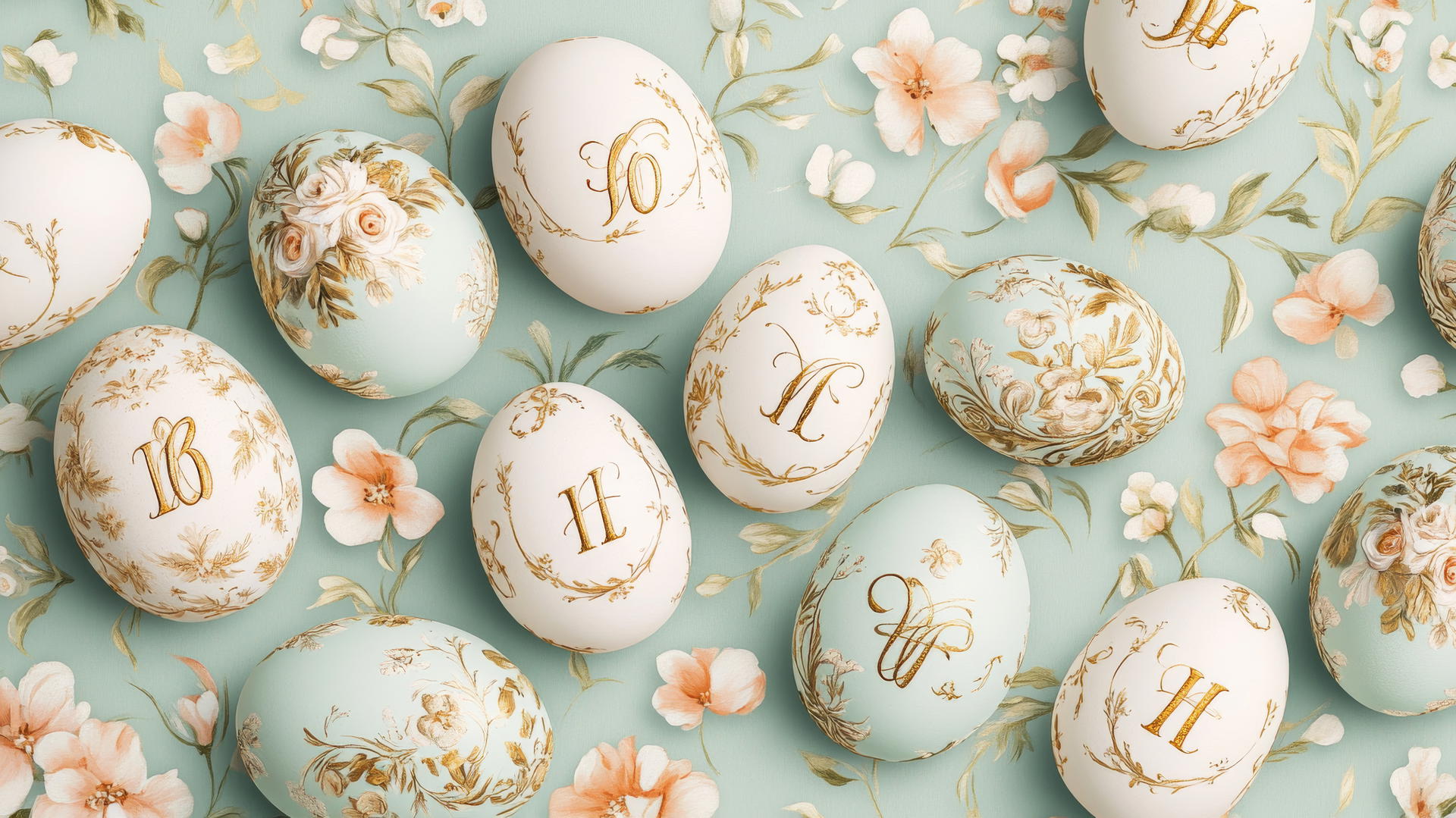 Preppy Easter wallpaper with gold monogrammed eggs and floral motifs
