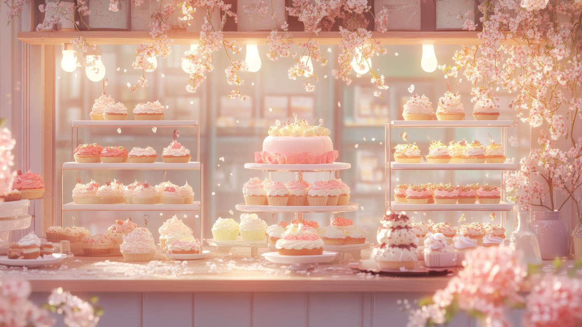 Aesthetic cute wallpapers with a pastel bakery scene featuring cakes, cupcakes, pastries, flowers, and warm lighting.