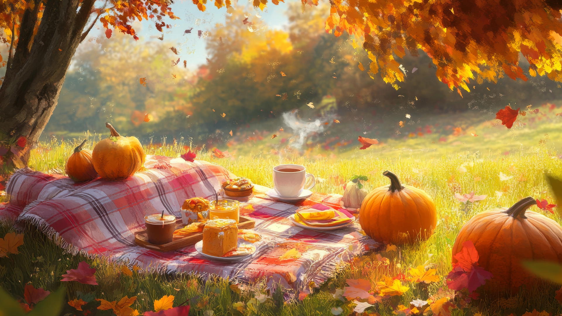 Cute fall aesthetic wallpapers with cozy picnic scene, plaid blankets, pumpkins, and warm drinks in a grassy meadow.