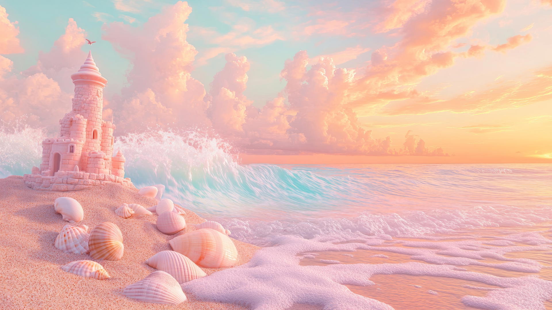 dreamy pastel beach with sandcastle, seashells, ocean wave, pink orange sunset, cute wallpapers for girls aesthetic