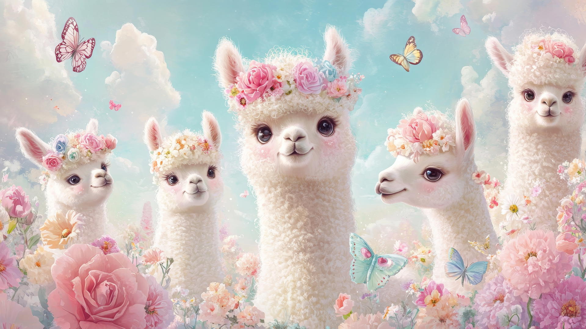 Cute wallpapers for girls with fluffy alpacas adorned with flowers and bows