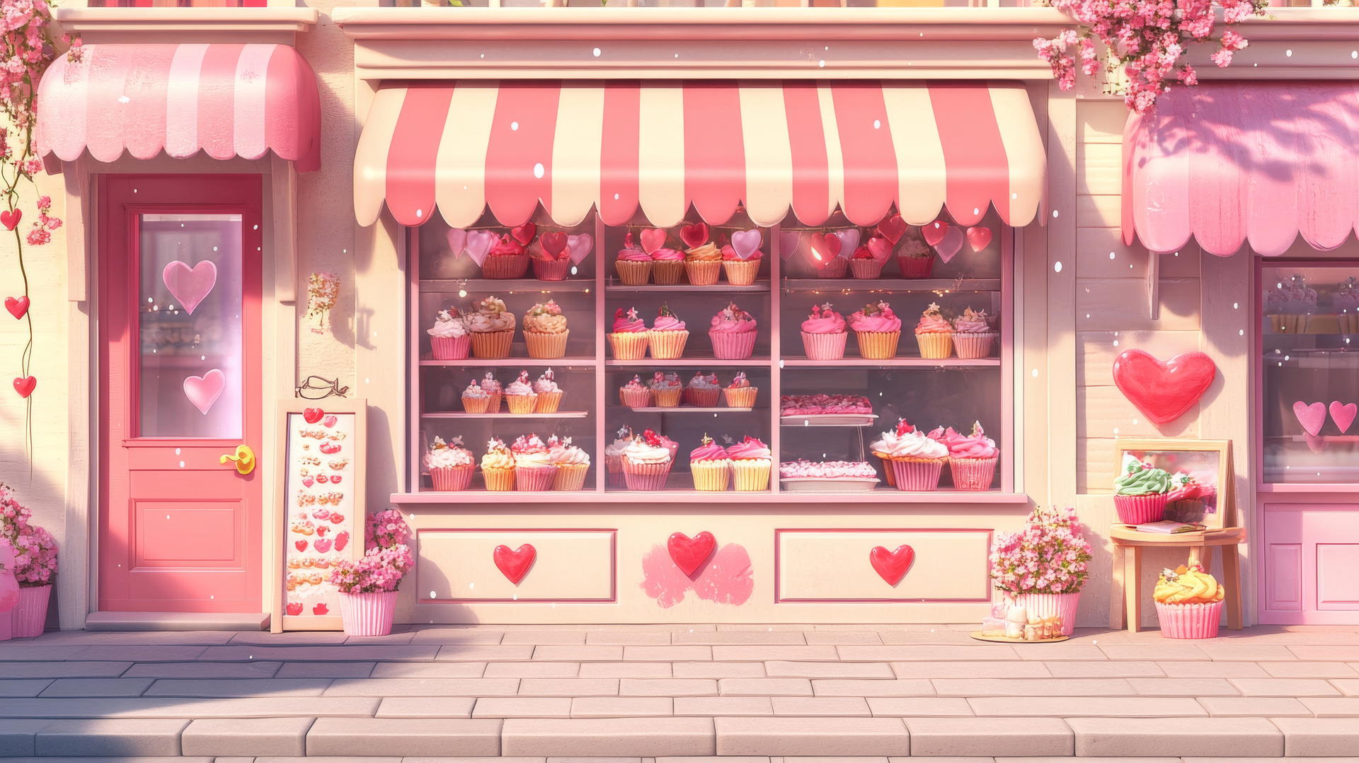 Cute wallpapers for girls featuring a cartoon cupcake shop with pastels.