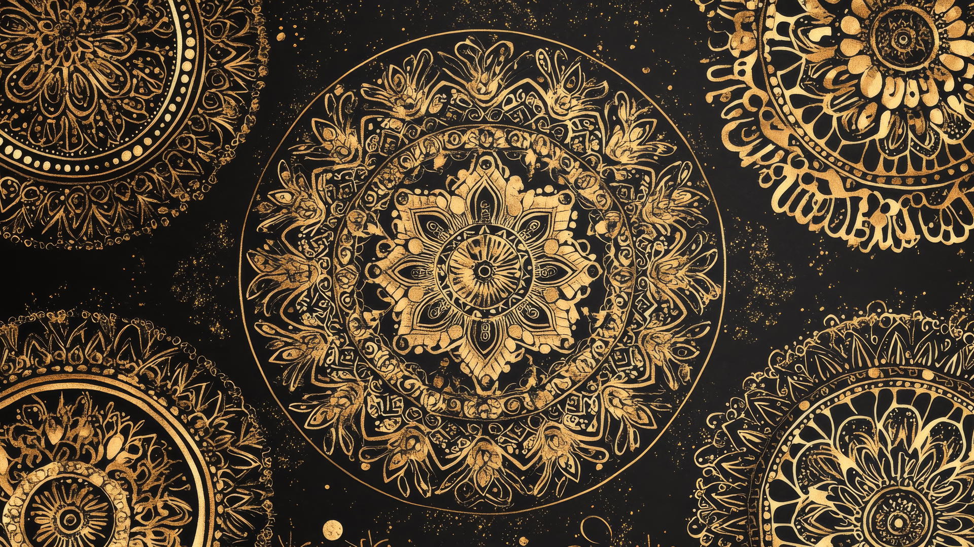 Elegant black wallpaper with gold mandalas and rose patterns, ideal for girls