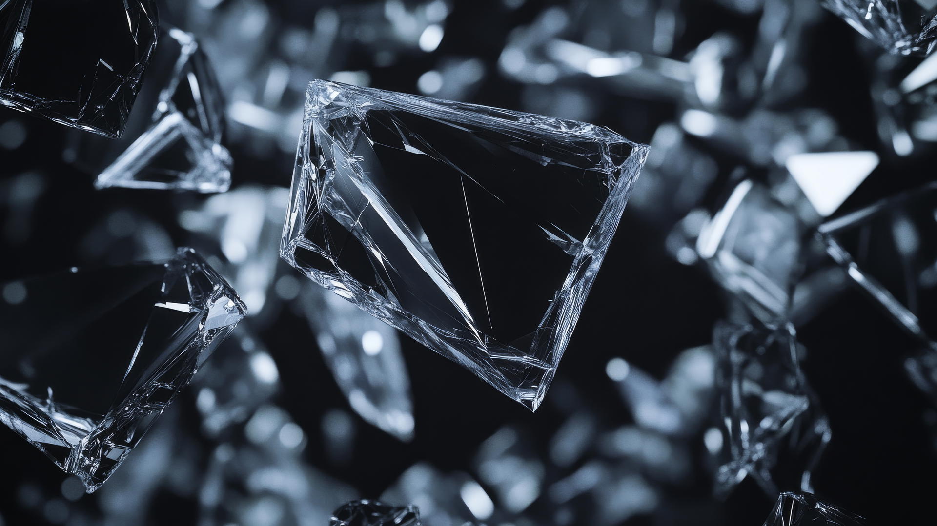 aesthetic wallpaper black with floating shattered glass shards, sharp edges, subtle light glints