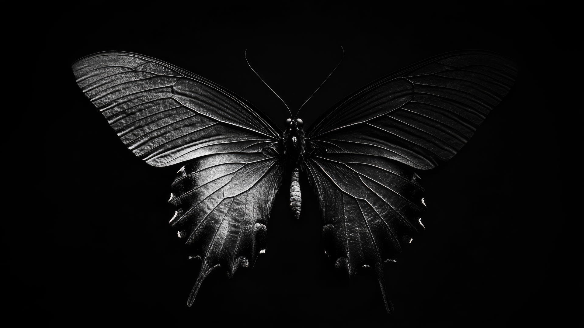 aesthetic black wallpaper of a minimalist black butterfly with delicate wings