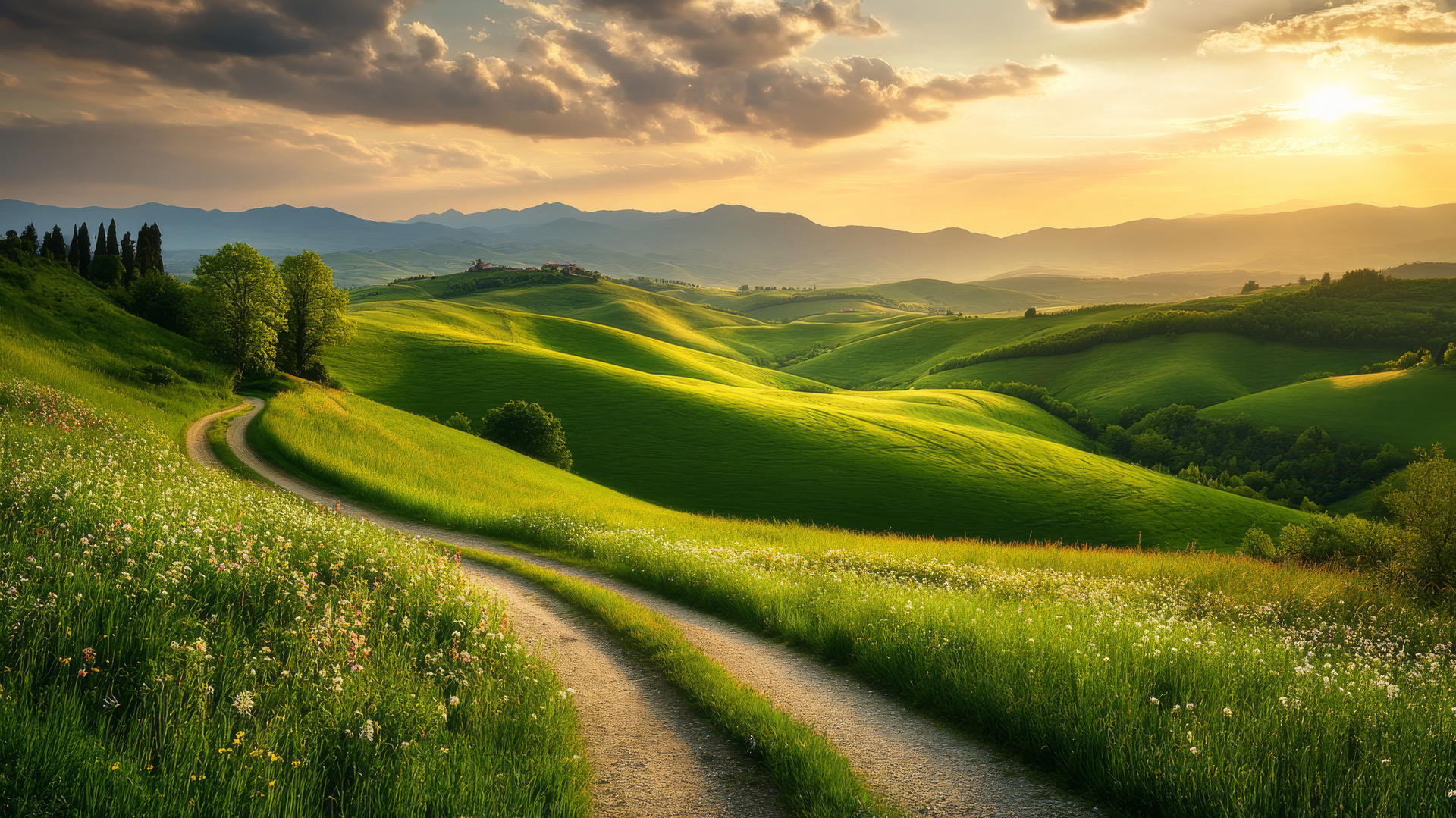 nature wallpaper with a winding road through green hills and wildflowers