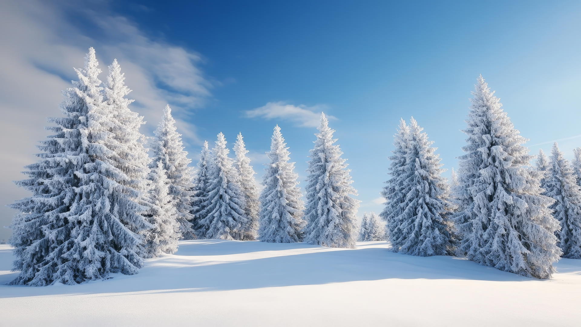 A snowy winter landscape with pine trees and a clear blue sky, nature wallpaper