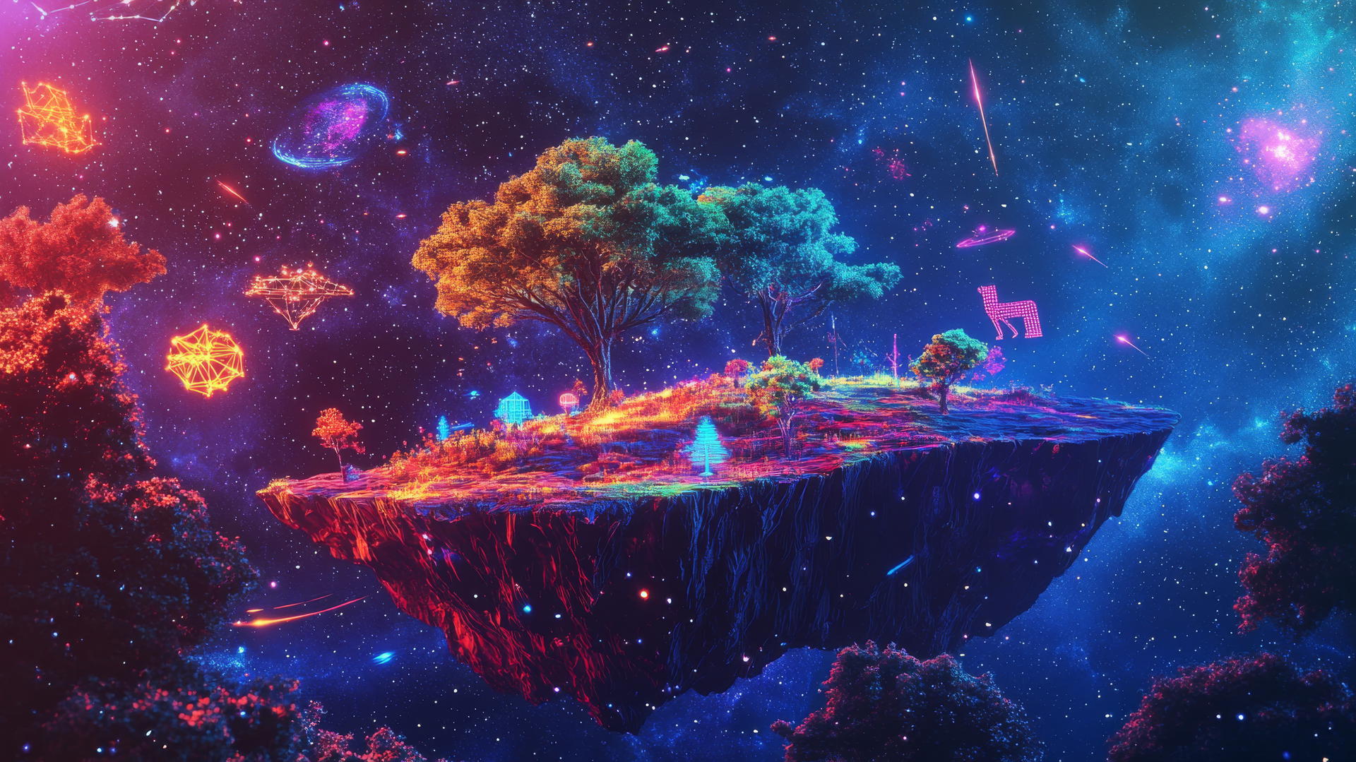 Y2K star wallpaper with floating digital island, neon trees, and pixelated animals