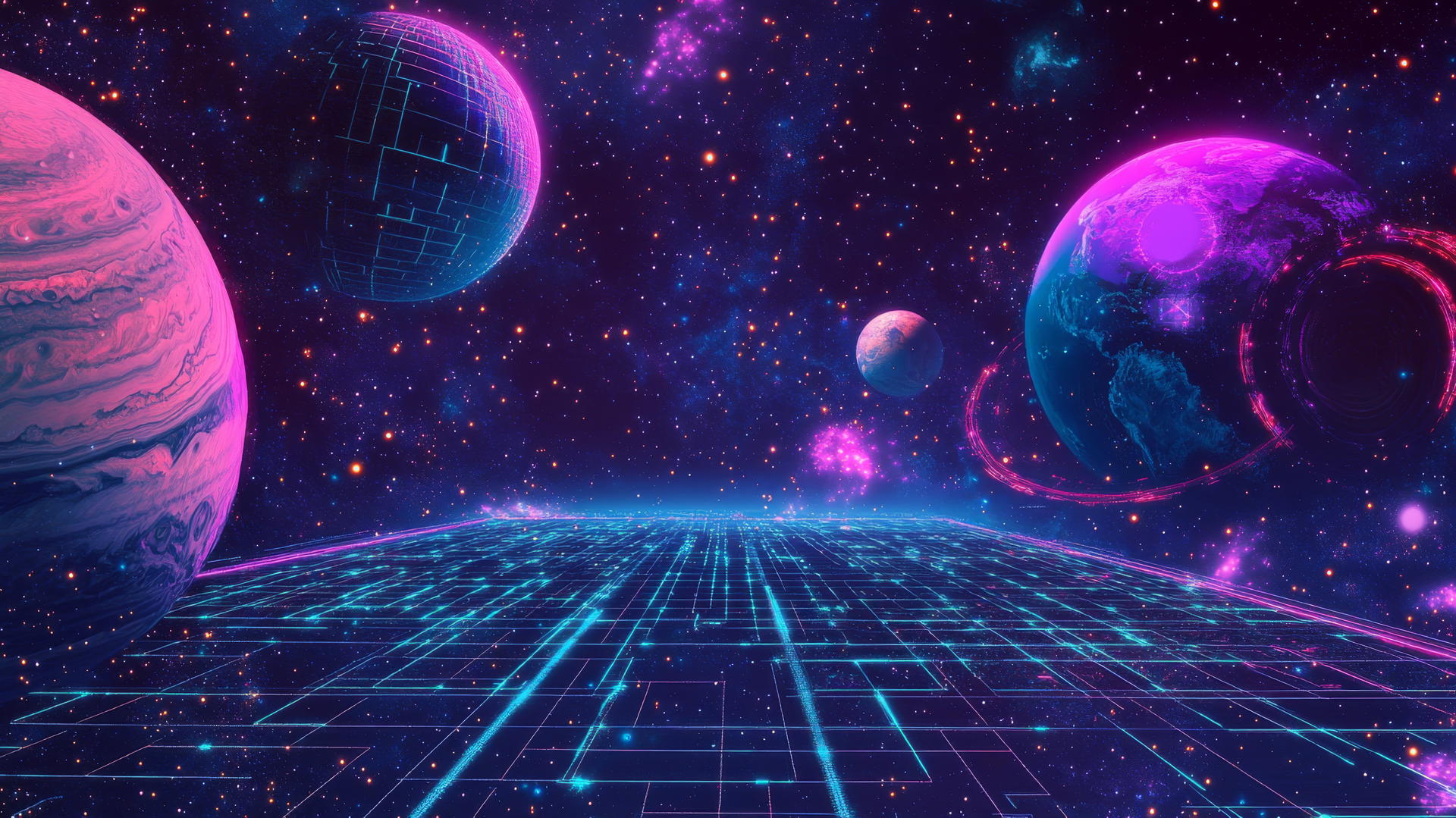 y2k aesthetic wallpaper with cosmic theme, neon stars, pixelated planets, digital grid