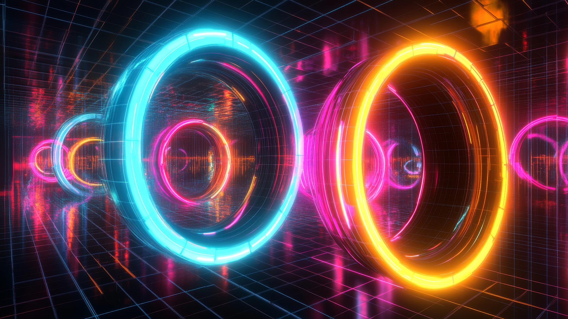Y2K wallpaper with neon rings, geometric shapes, and holographic grid