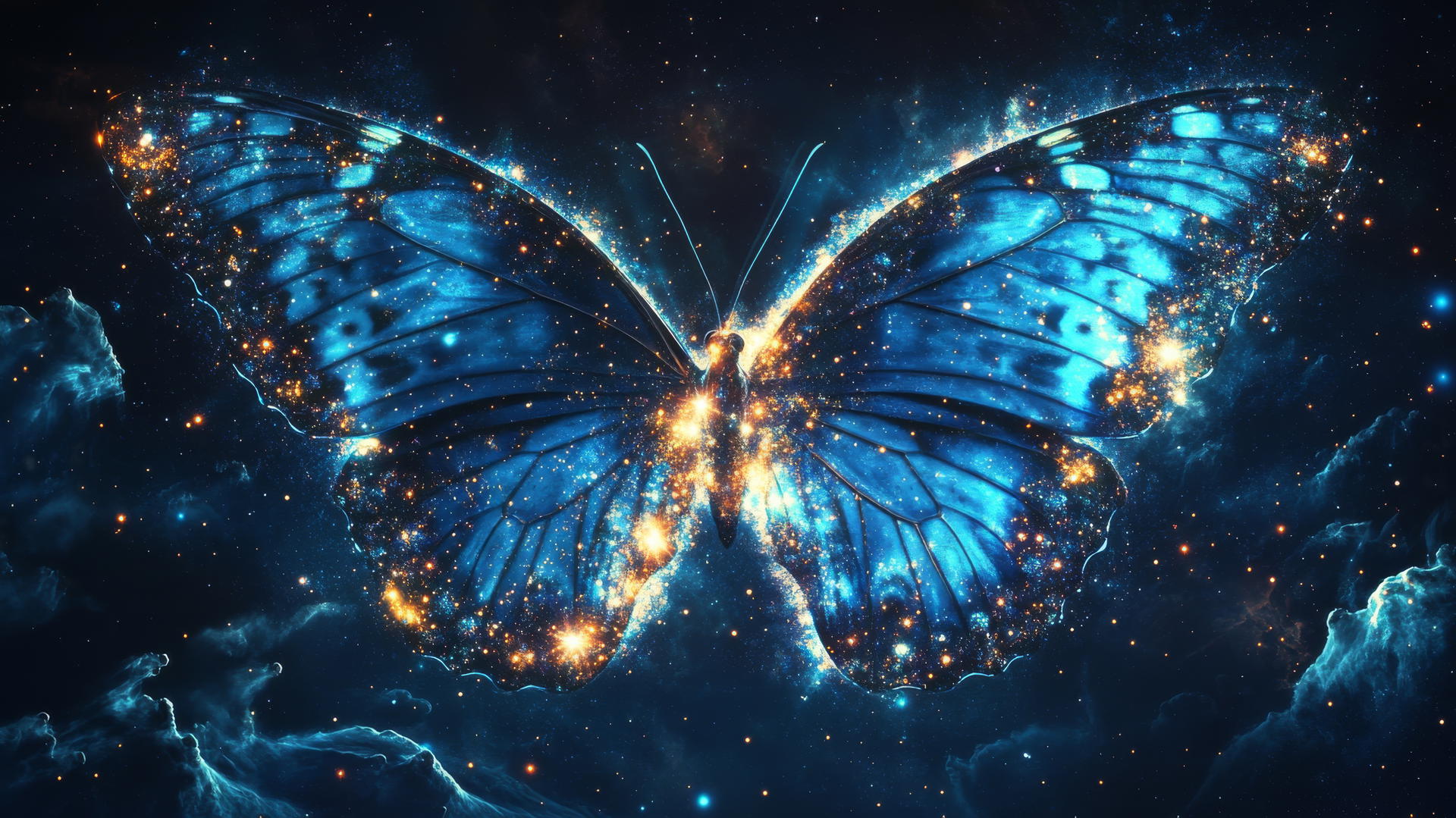 blue butterfly wallpaper with cosmic design featuring stars and nebulae