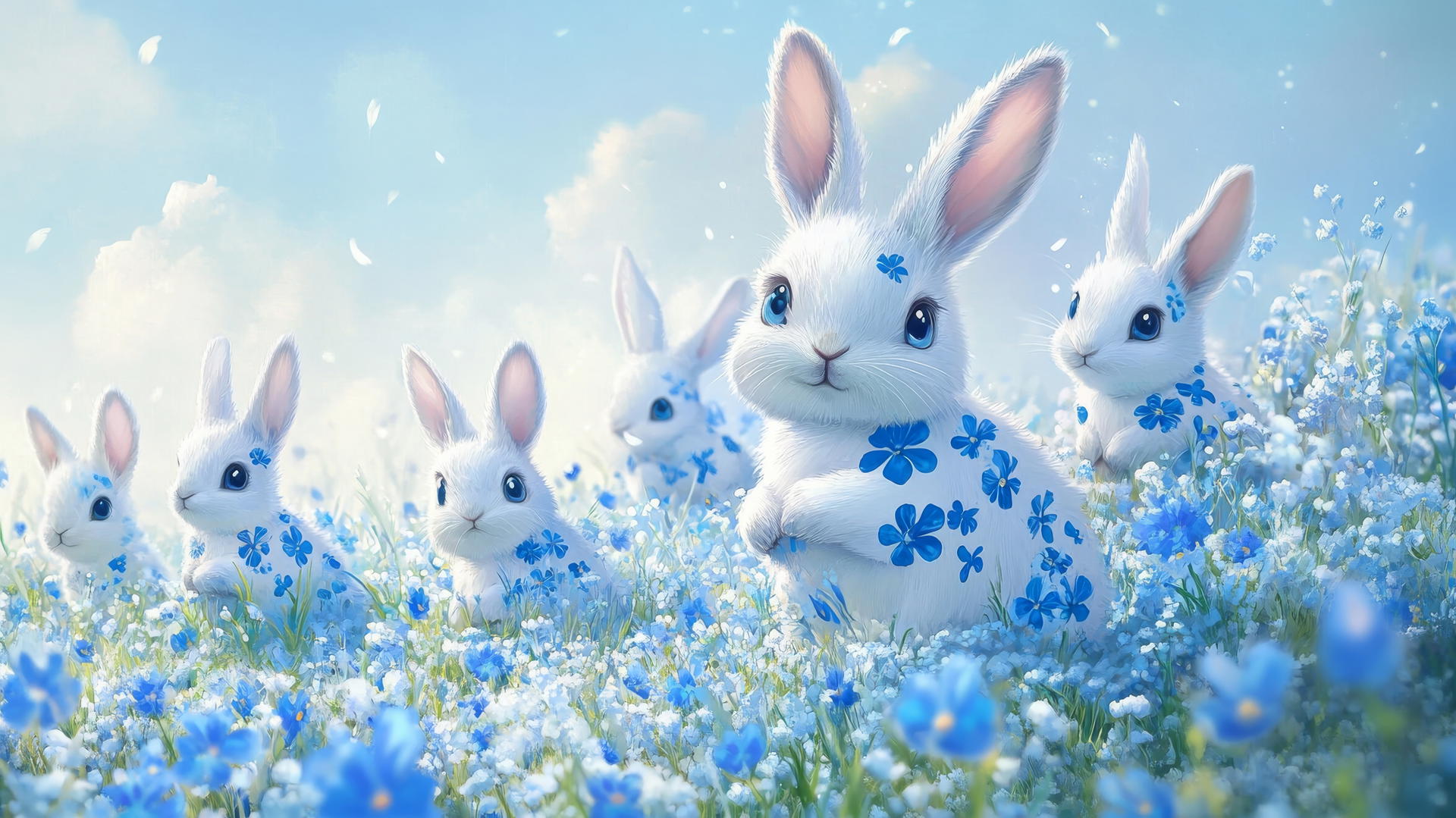 cute blue wallpaper with cartoon bunnies and blue flowers