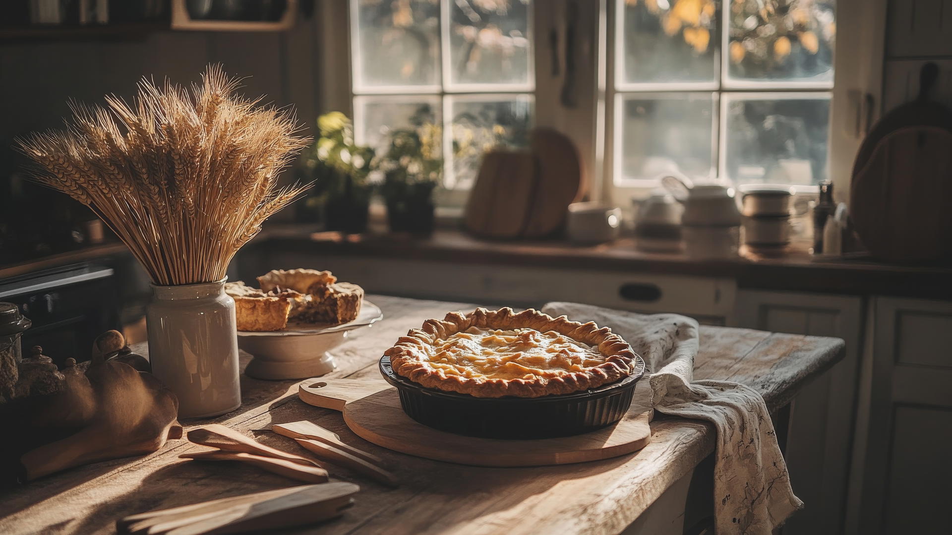 thanksgiving aesthetic wallpaper with rustic kitchen table, pies, and dried wheat